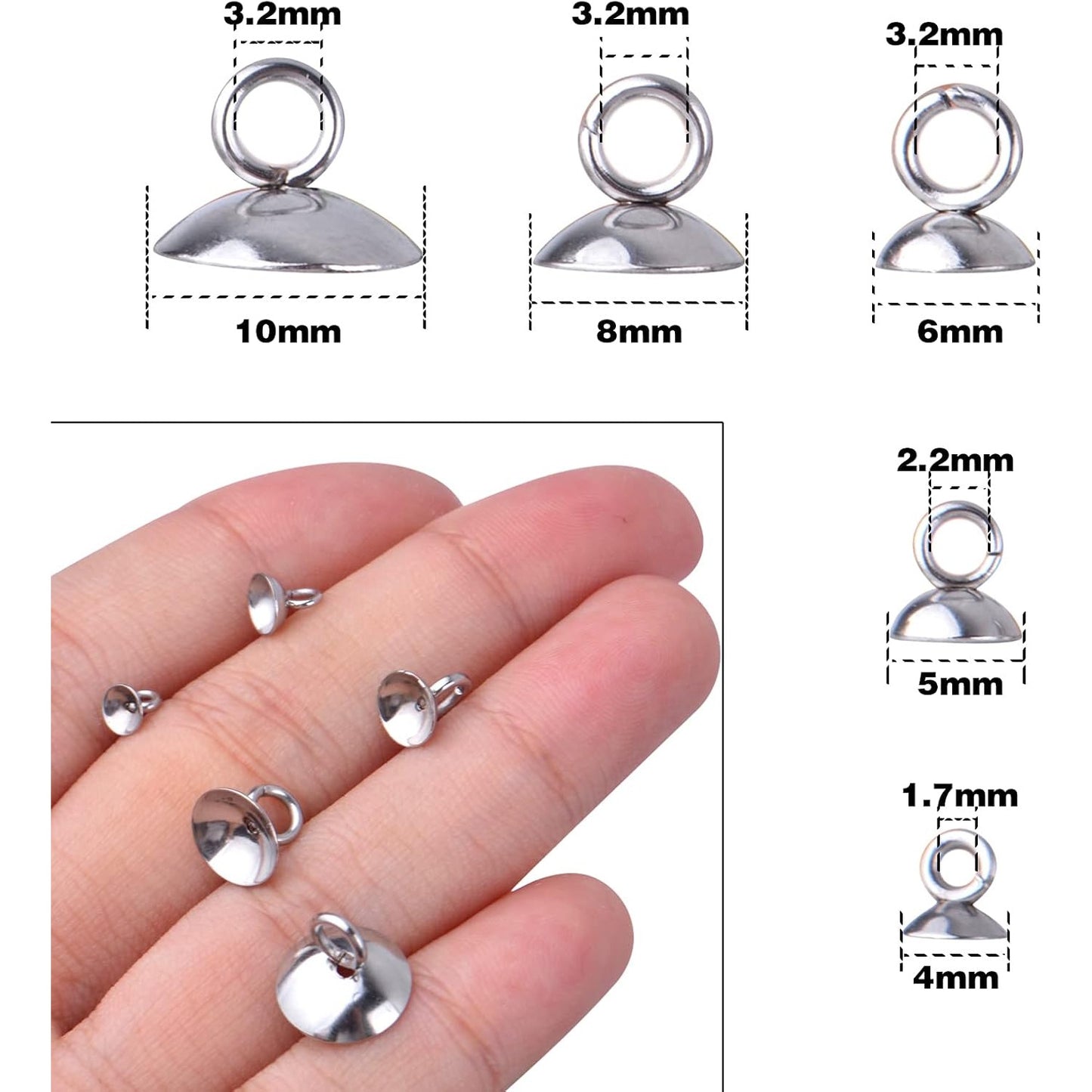 50pcs 5 Sizes Bead Cap Pendant Bails Stainless Steel Round Bails Caps Bead Caps with Loop Dangle Charm Bead Connectors for Jewelry Necklace Bracelet Making