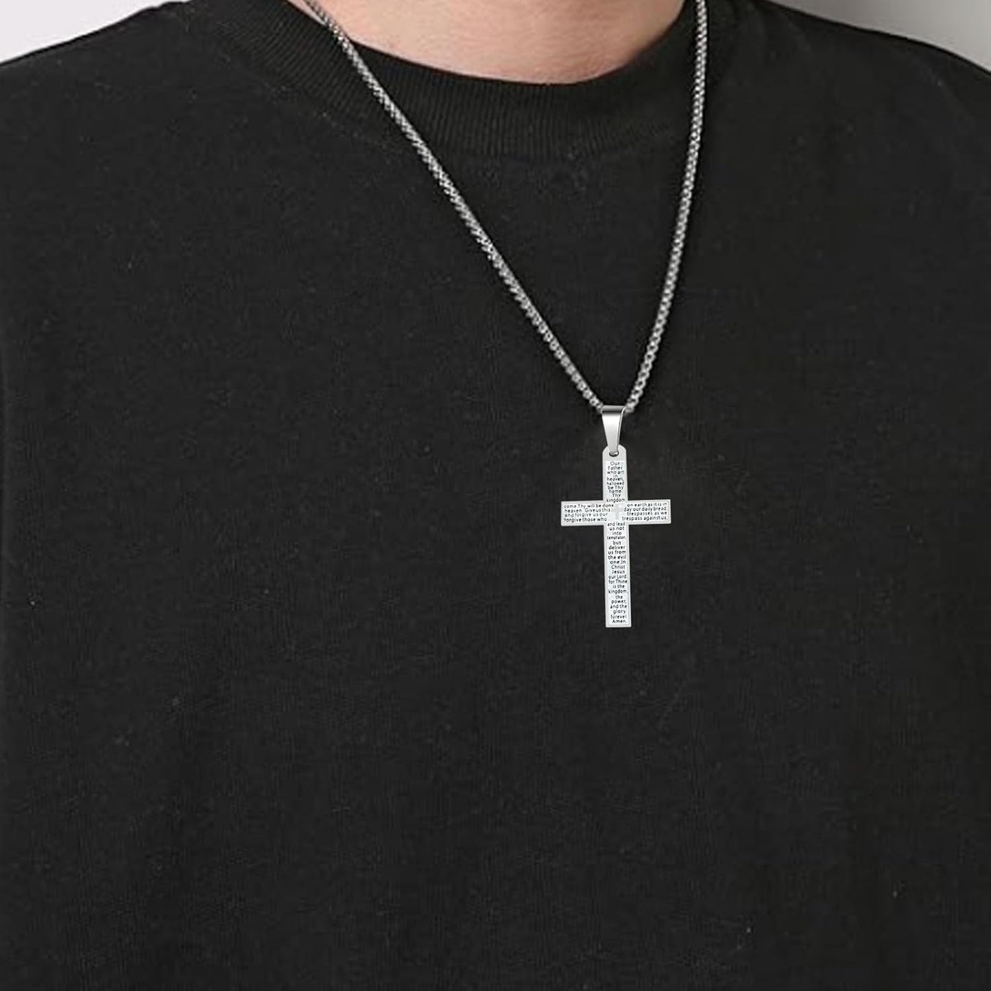 Stainless Steel Mens Womens Cross Necklace Lord's Prayer Pendant Jesus Christian Crucifix Bible Verse Charm Chain Choker Necklaces for Father Mother Easter Gifts