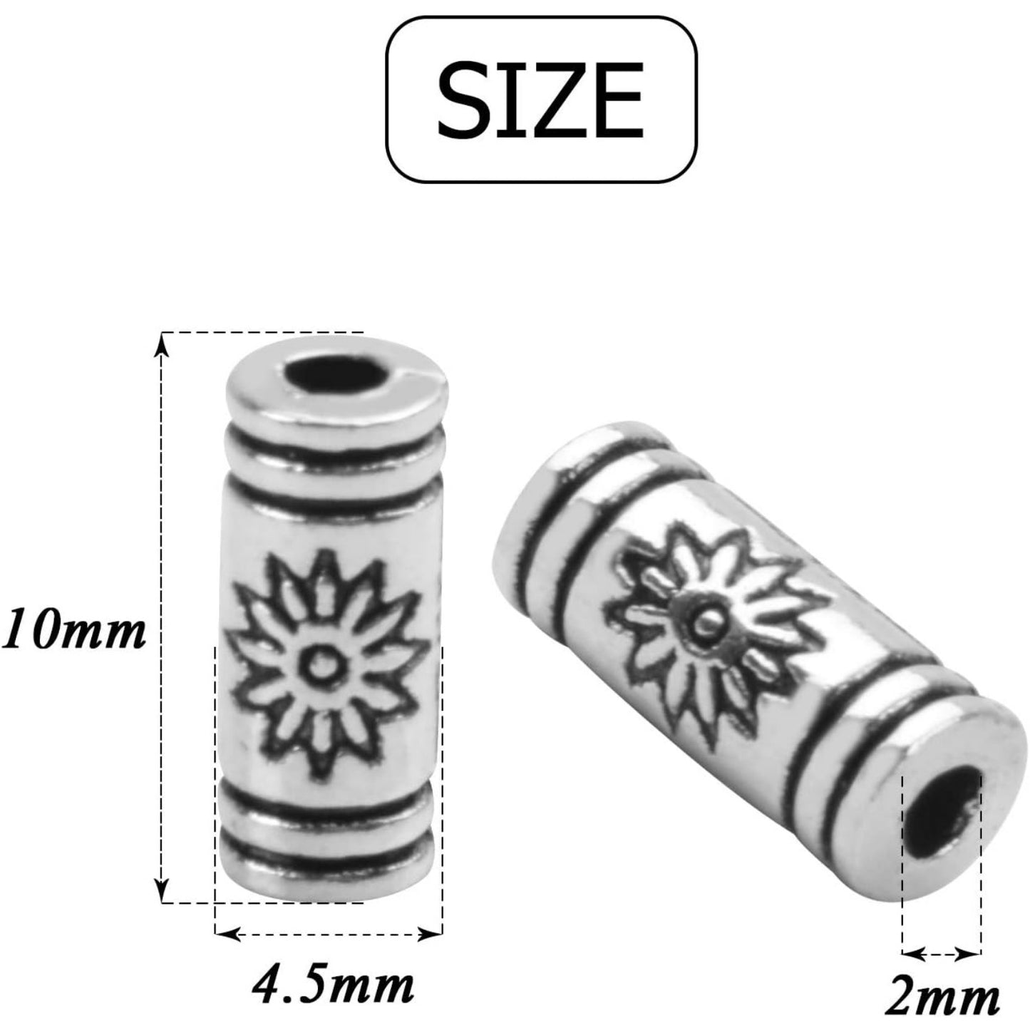 100pcs Column Spacer Beads Tibetan Silver Tube Beads for Bracelet Necklace Jewelry Making Crafts DIY,Size:10 * 4.5mm; Hole:2mm