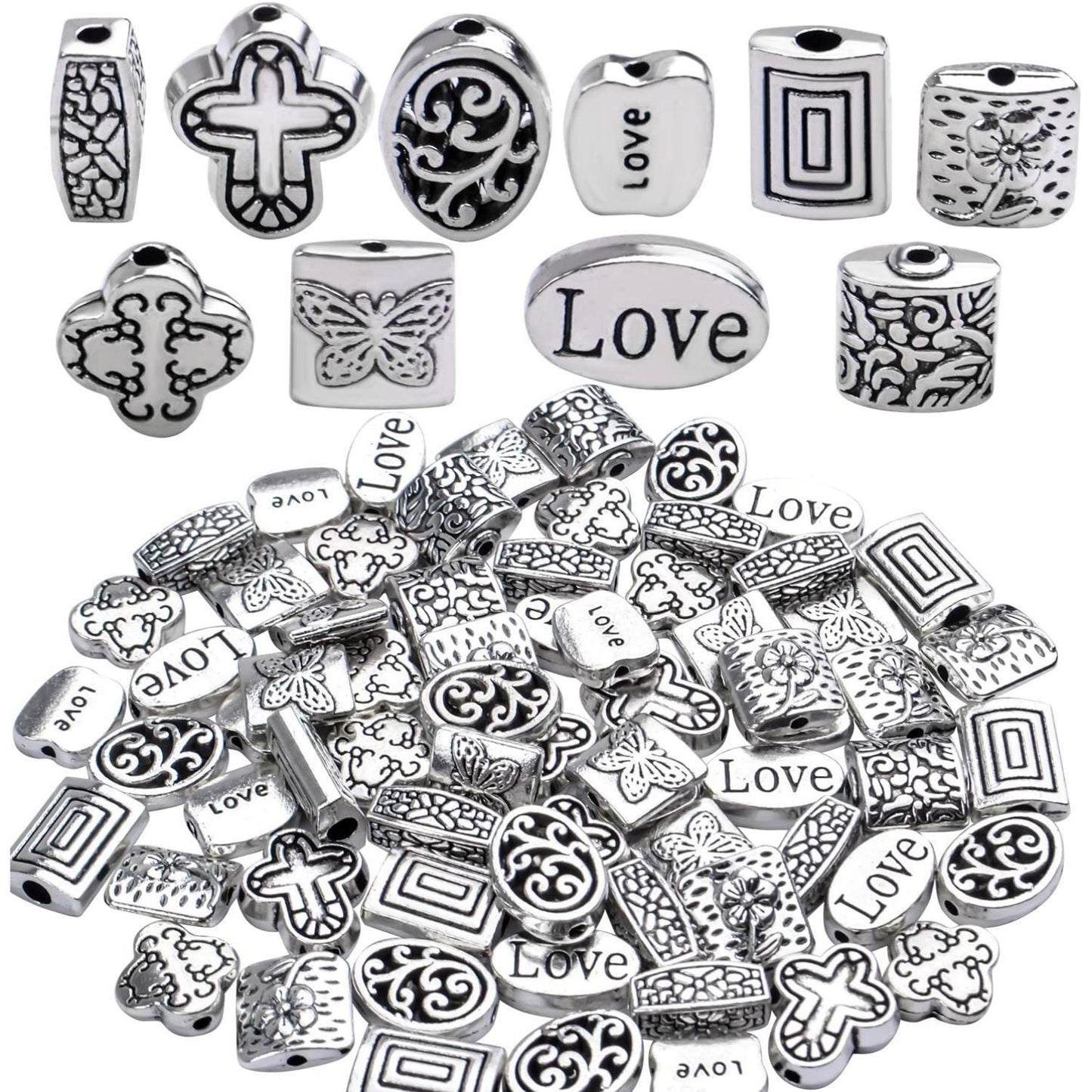 100g (About 70-120pcs) Antique Silver Spacer Beads Mixed Small Tibetan Loose Beads for Bracelet Necklace Jewelry Making,5-12mm