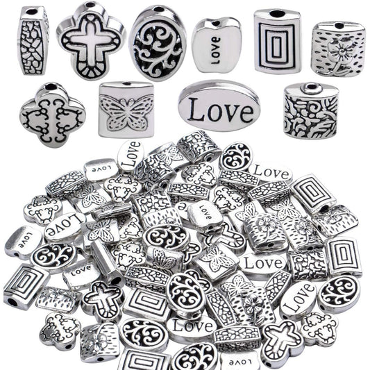 100g (About 70-120pcs) Antique Silver Spacer Beads Mixed Small Tibetan Loose Beads for Bracelet Necklace Jewelry Making,5-12mm