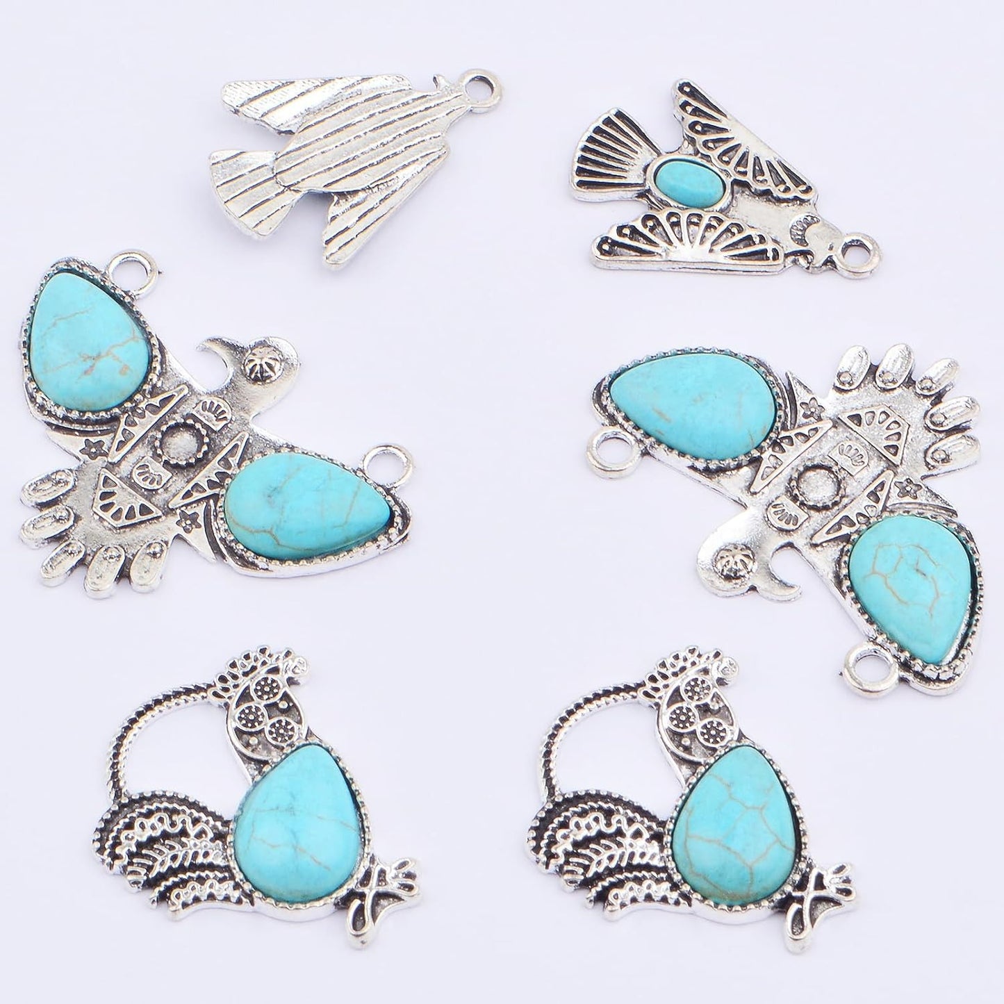 6pcs Tibetan Animal Eagle Chicken Synthetic Turquoise Charms Vintage Alloy Rooster Chicken Dangle Pendants for DIY Necklace Bracelet Earrings Jewelry Making, 3 Styles
