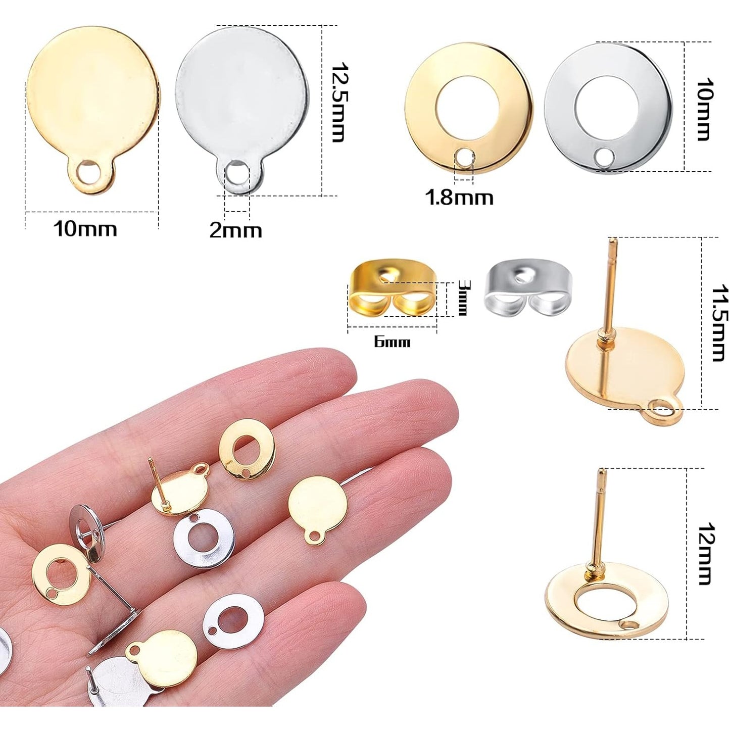40pcs Stainless Steel Stud Earrings Round Rondelle Blank Earring Post Pins with Loop Hole and 40pcs Butterfly Earring Backs for DIY Jewelry Making Findings, Gold, Steel
