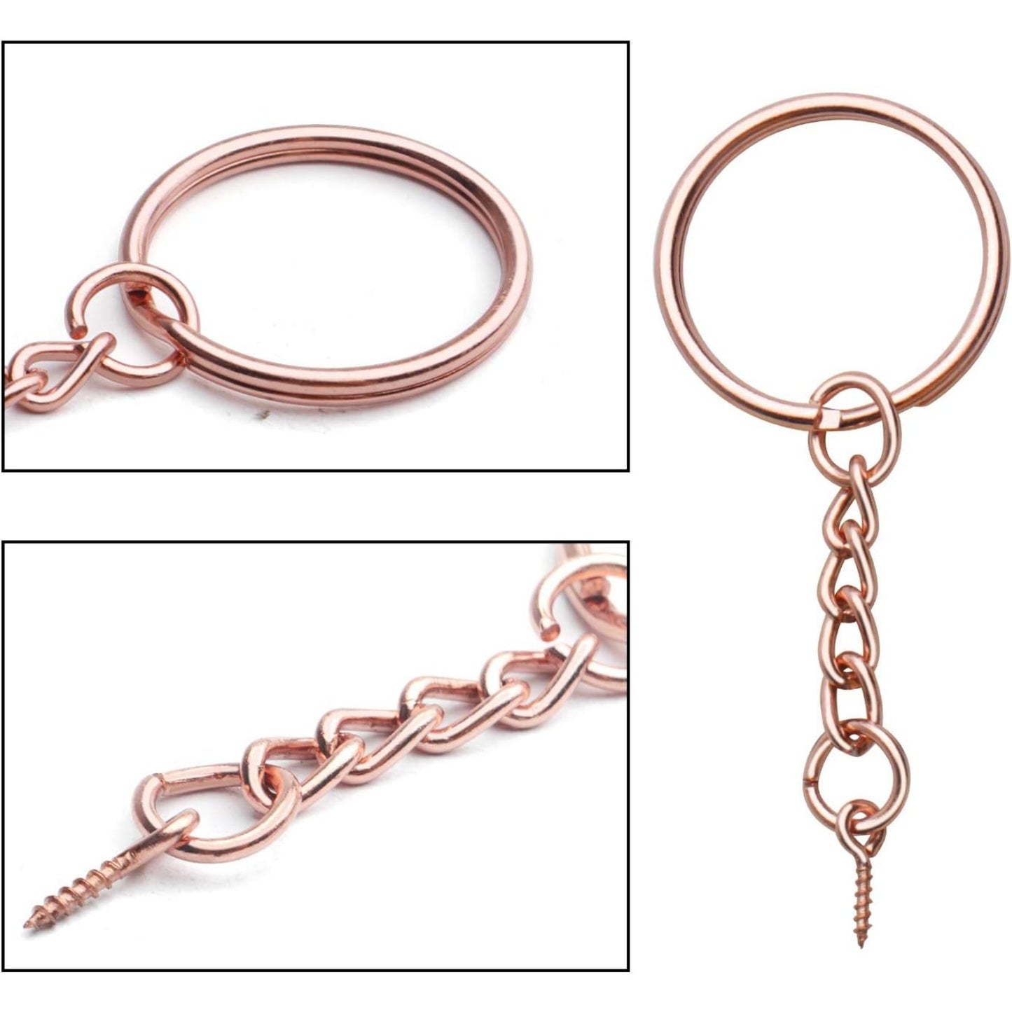 50pcs 25mm Split Key Ring with Extend Chain and 12mm Screw Eye Pin for Craft Charm Making,Rose Gold