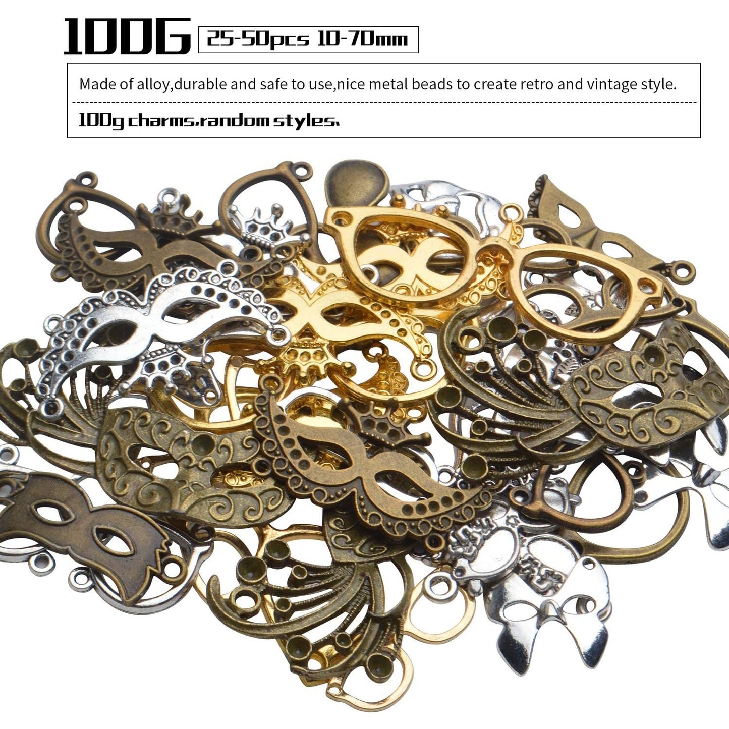 Mask Pendant Jewelry, 100g(About 25-50pcs) Women Face Masks Pendant Charms Alloy Antique Mask Eyeglasses Charms Accessory for Halloween Parties Ball Dance Cosplay Jewelry DIY