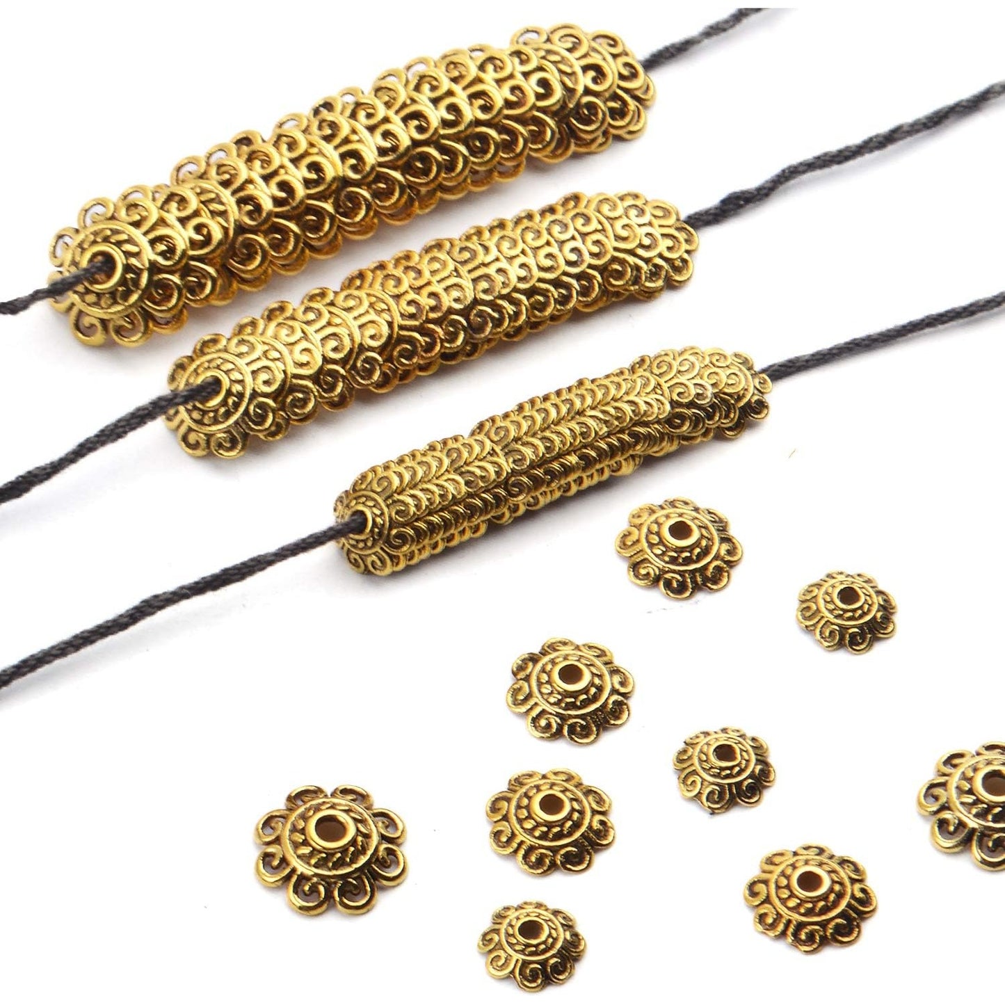 200pcs 8mm/10mm/12mm Bead Caps Spacer Beads Flower Bead Caps Jewelry DIY Findings for Necklace Bracelet Making,Antique Gold