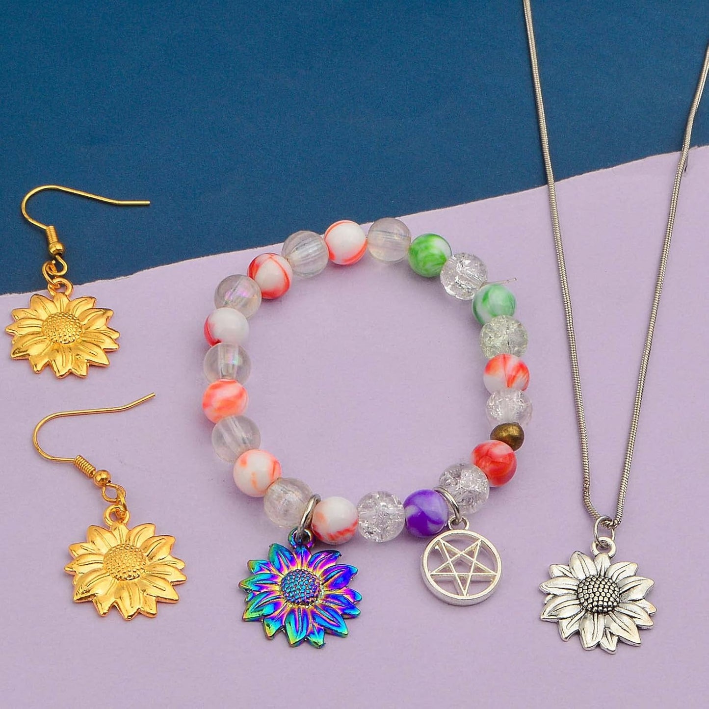 70pcs Sunflower Pendant Charms Tibetan Alloy Sun Flower Bead Dangle Charms Craft Supplies for DIY Earrings Necklace Bracelet Jewelry Making Findings, 7 Colors