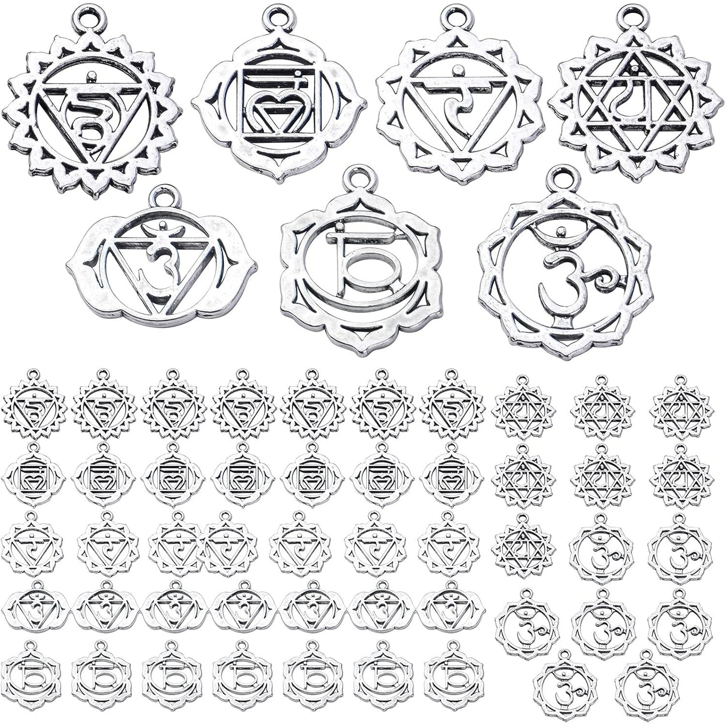 56pcs 7 Styles Chakra Charms Alloy Yoga OM OHM Flower Pendants Charms Jewelry Findings Accessory for DIY Necklace Bracelet Earrings Craft Supplies, Antique Silver