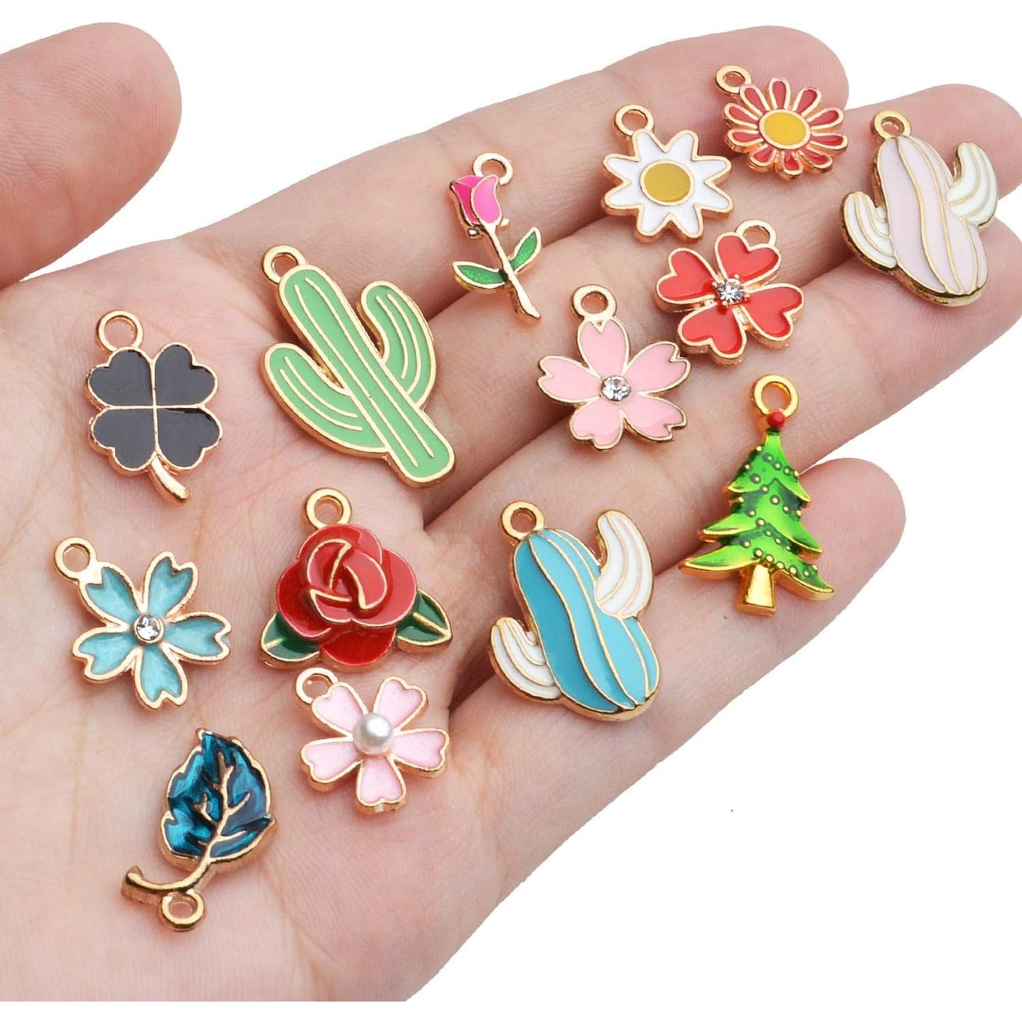 Enamel Charms Bulk, 35pcs Assorted Enamel Gold Plated Plant Charms Tree Leaf Flower Rose Cactus Pendants DIY Craft Supplies Accessory for Necklace Bracelet Jewelry Making Findings