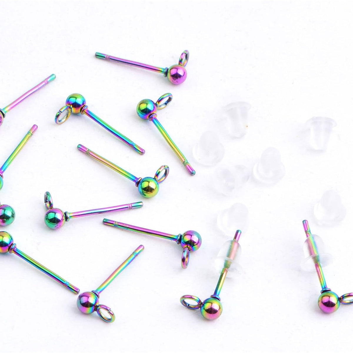 30pcs 3 mm Hypoallergenic Ball Post Earring Studs with Loop Stainless Steel Round Ball Earring Pins and 30pcs Clear Earring Safety Backs for DIY Jewelry Making, Rainbow Color