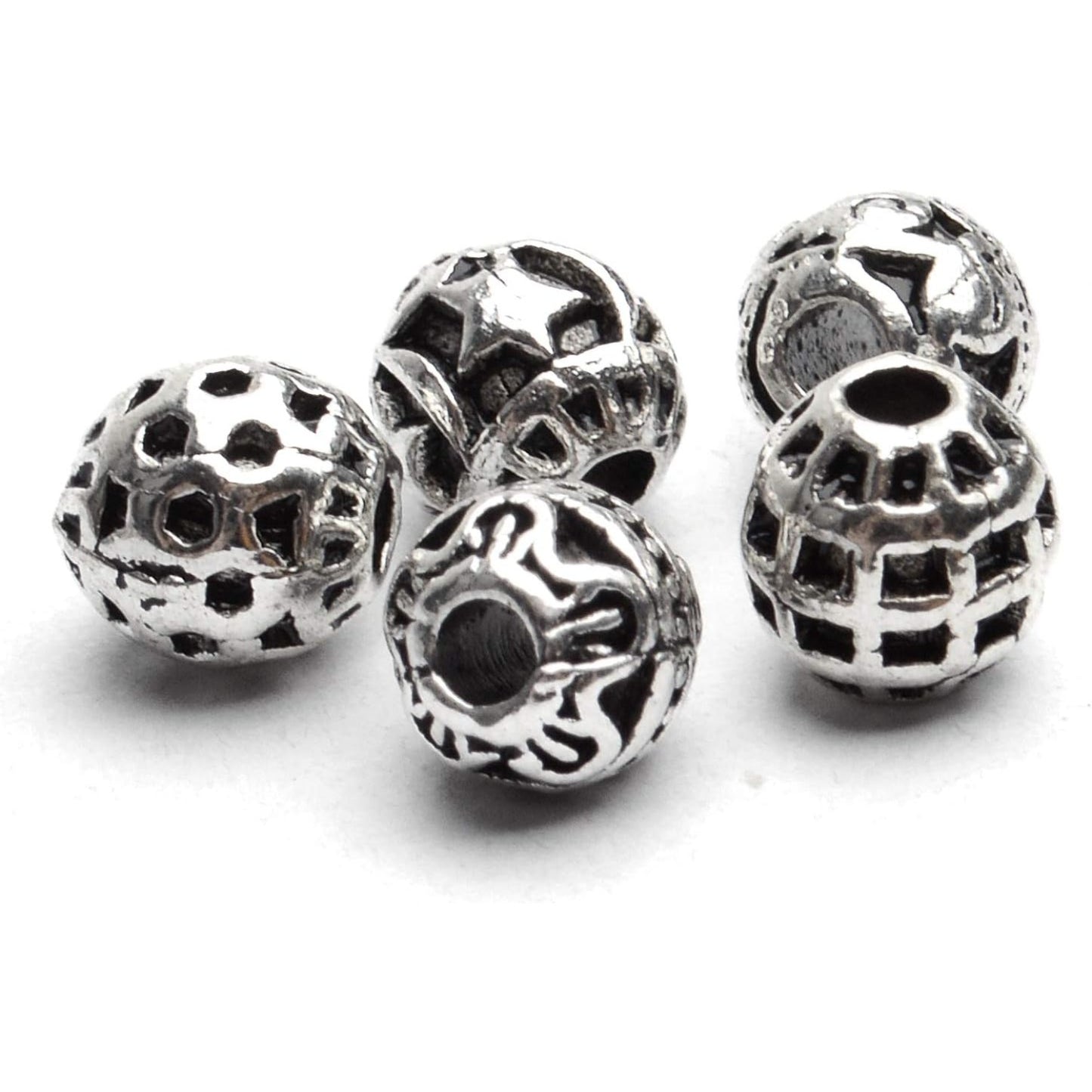 100pcs Tibetan Antique Silver Round Spacer Beads Hollow Spacer Charm Beads for Necklace Bracelet Crafts Jewelry Making,5 Styles