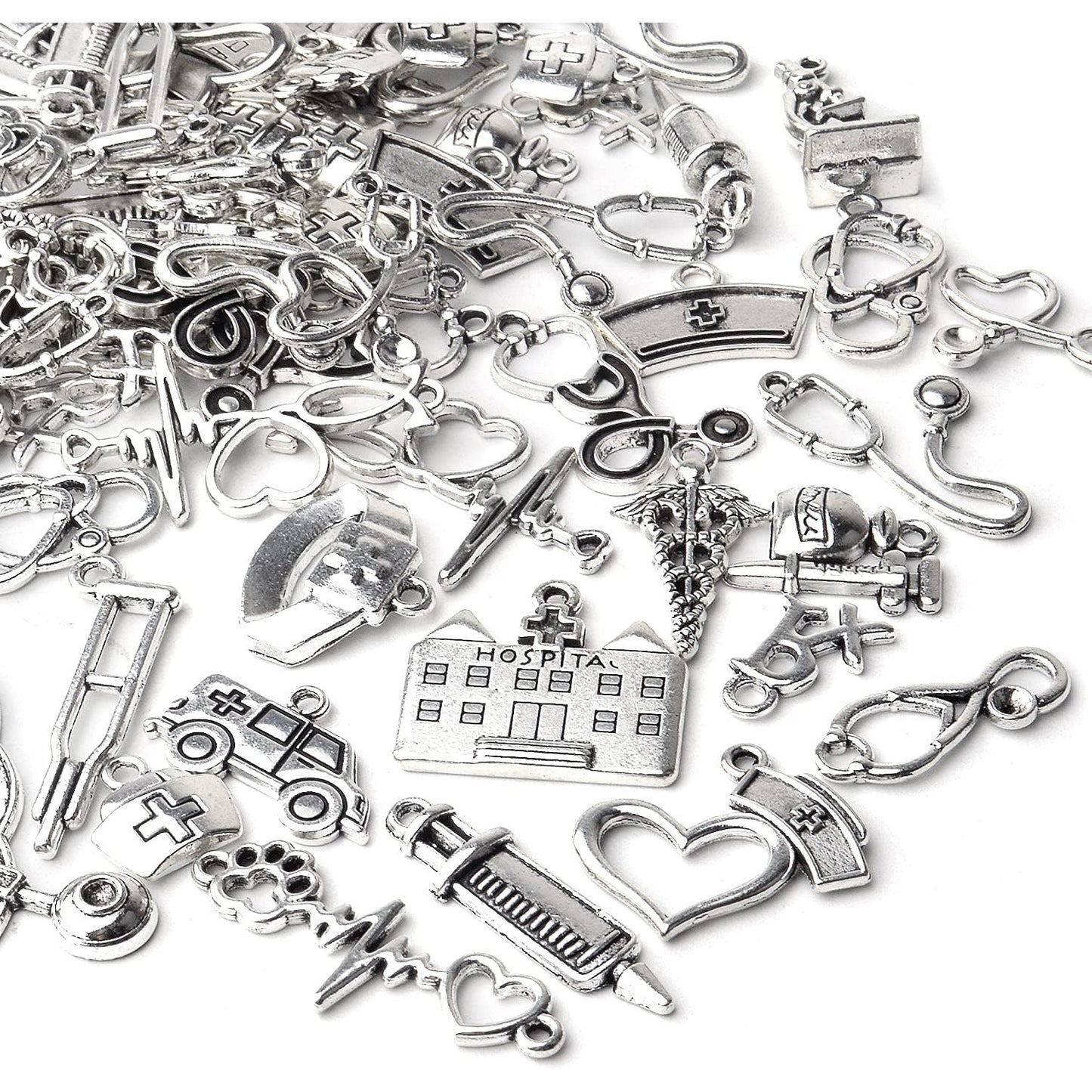 100g Crafts Supplies Antique Silver Medical Charms Alloy Hospital Charms Stethoscope Syringe Nurse Cap Hat Microscope Charm Pendants for Bracelet Necklace DIY Jewelry Making