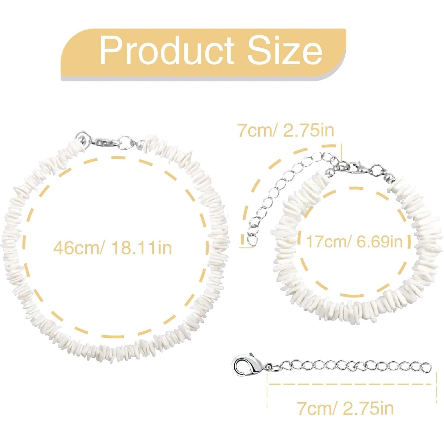 White Puka Shell Necklace Hawaiian Seashell Beach Surfer Choker Adjustable Handmade Beaded Summer Pooka Shells Clam Chips Necklace Bracelet Jewelry Set for Adult Teens Men Women