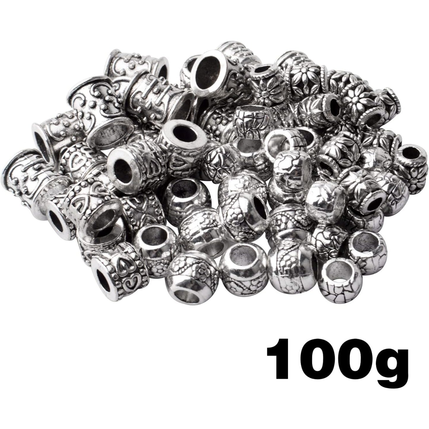 Large Hole Spacer Beads,100g Antique Silver Mixed Styles Tube Bead Spacers Tibetan Alloy Column Barrel Round Spacers Loose Beads for DIY Jewelry Bracelet Crafts Making Supplies