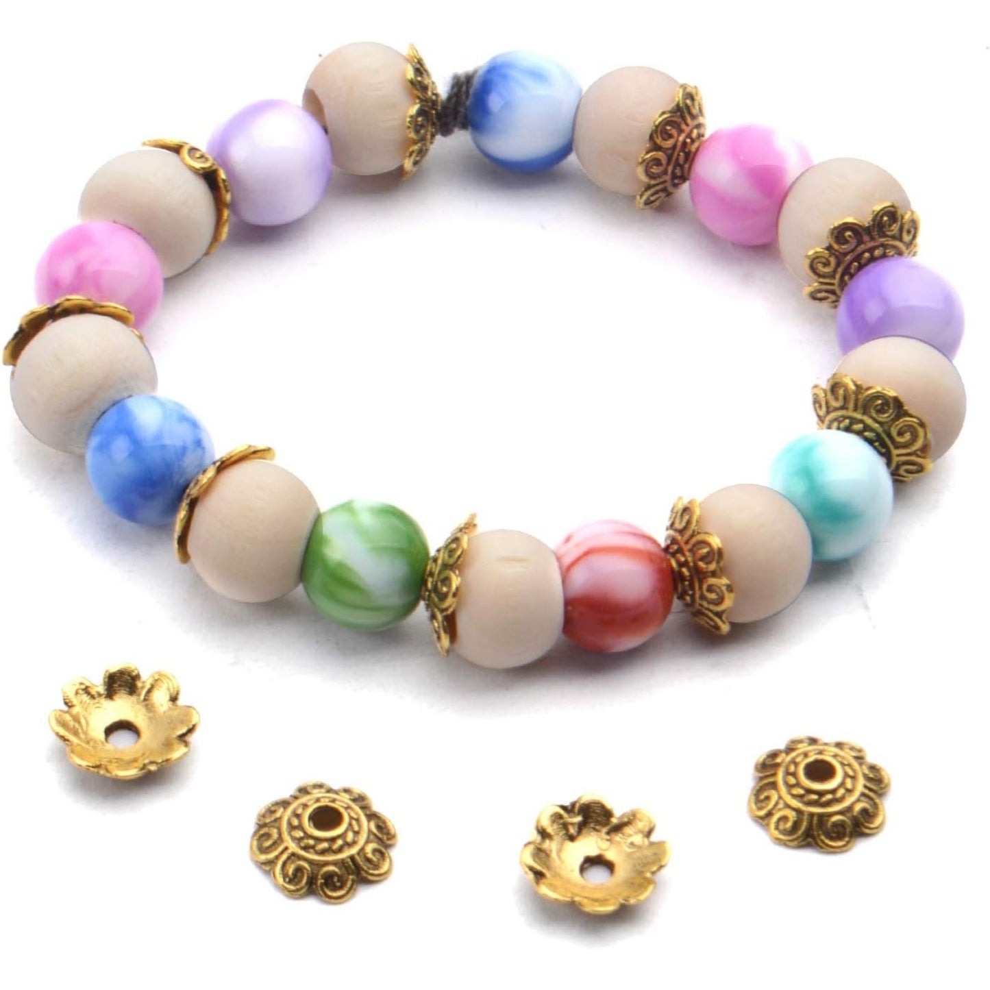 200pcs 8mm/10mm/12mm Bead Caps Spacer Beads Flower Bead Caps Jewelry DIY Findings for Necklace Bracelet Making,Antique Gold