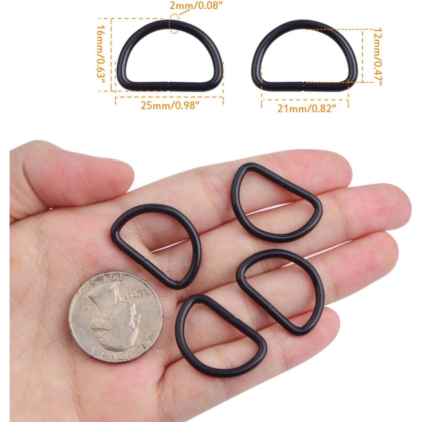 100pcs Heavy Duty Semi-Circular D Rings Multi-functional Half Round D-shaped Rings Buckle DIY Accessories for Hardware Bags Backpack Belt Clothing Sewing, Black