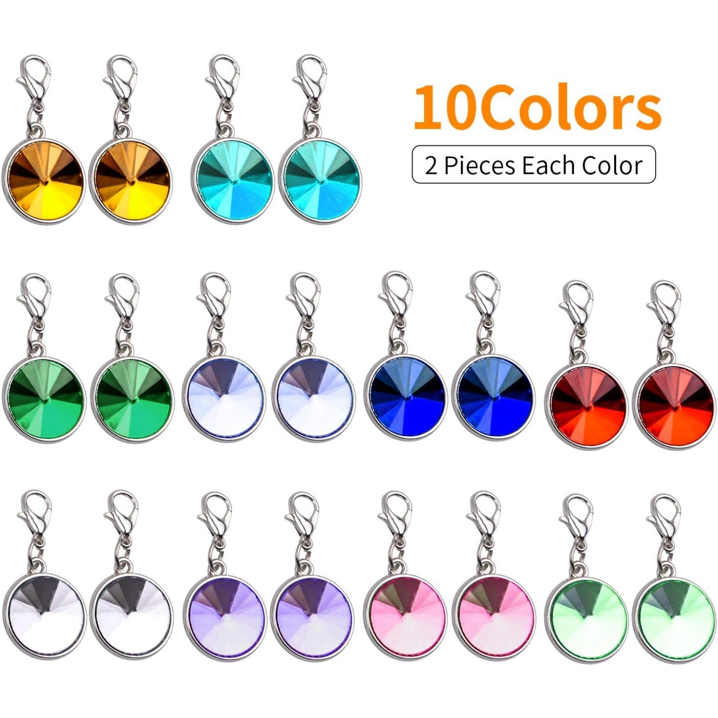 Clip on Charms,20 Pieces Flat Birthstone Crystal Dangle Charms Color Glass Pendants with Lobster Claw Clasp for Jewellery Making, 10 Colors
