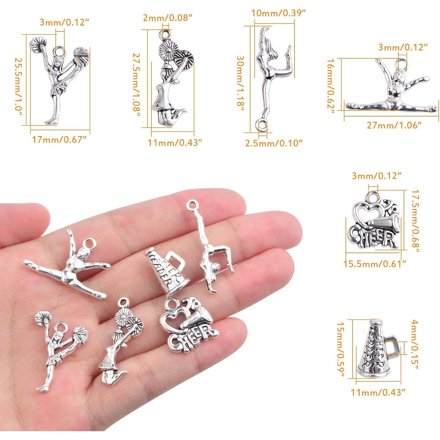 60pcs 6 Styles Antique Silver Cheerleading Theme Charms Tibetan Alloy Gymnastics School Sports Dangle Pendants for DIY Necklace Bracelet Jewelry Making Findings