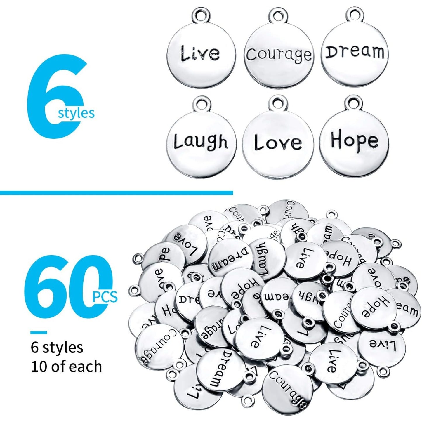60pcs Inspirational Words Pendants Round Double-sided Lettering Charms Jewelry Findings for Crafting Necklace Bracelet,Antique Silver