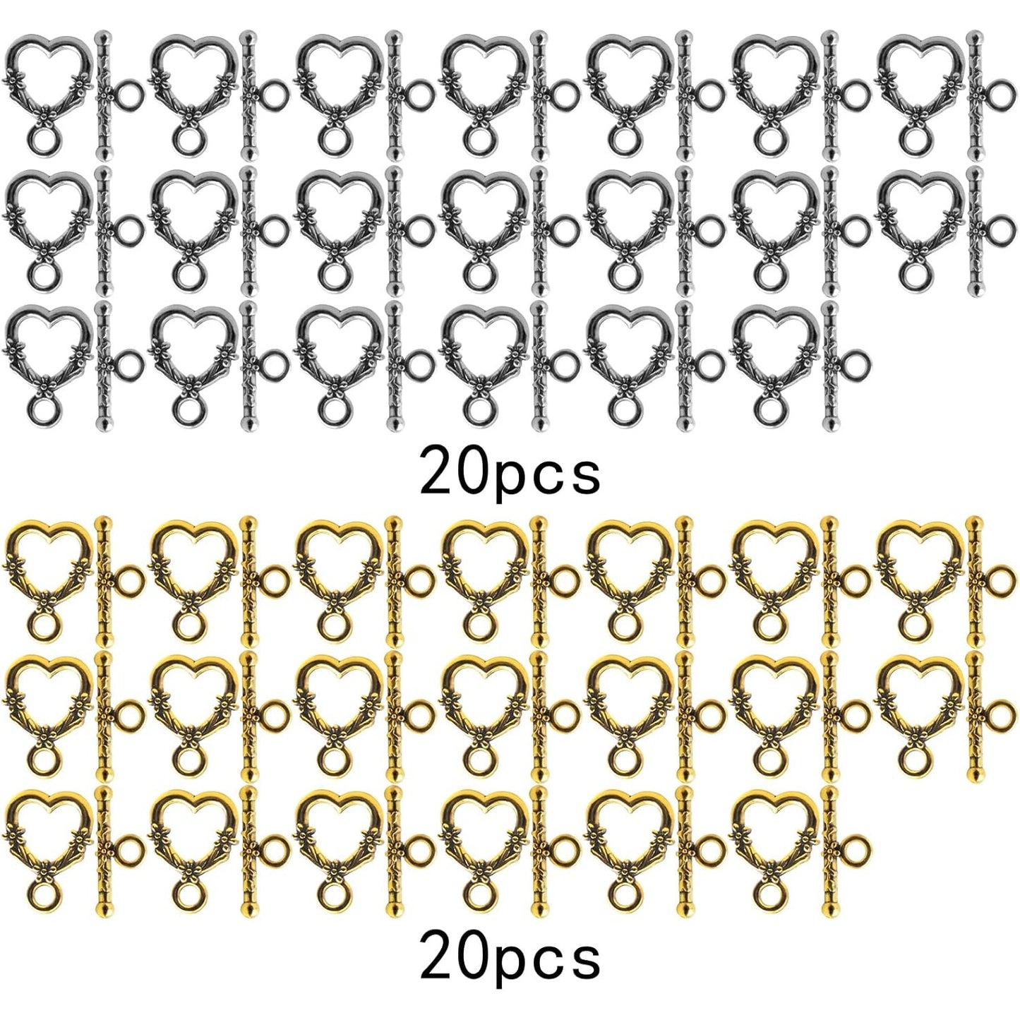 40 Sets Antique Alloy Toggle Clasps T-bar Closure Clasps Flower Heart Clasps Fastener Toggle End Clasps Connectors for Necklace Bracelet Jewelry Making Supplies, 2 Colors