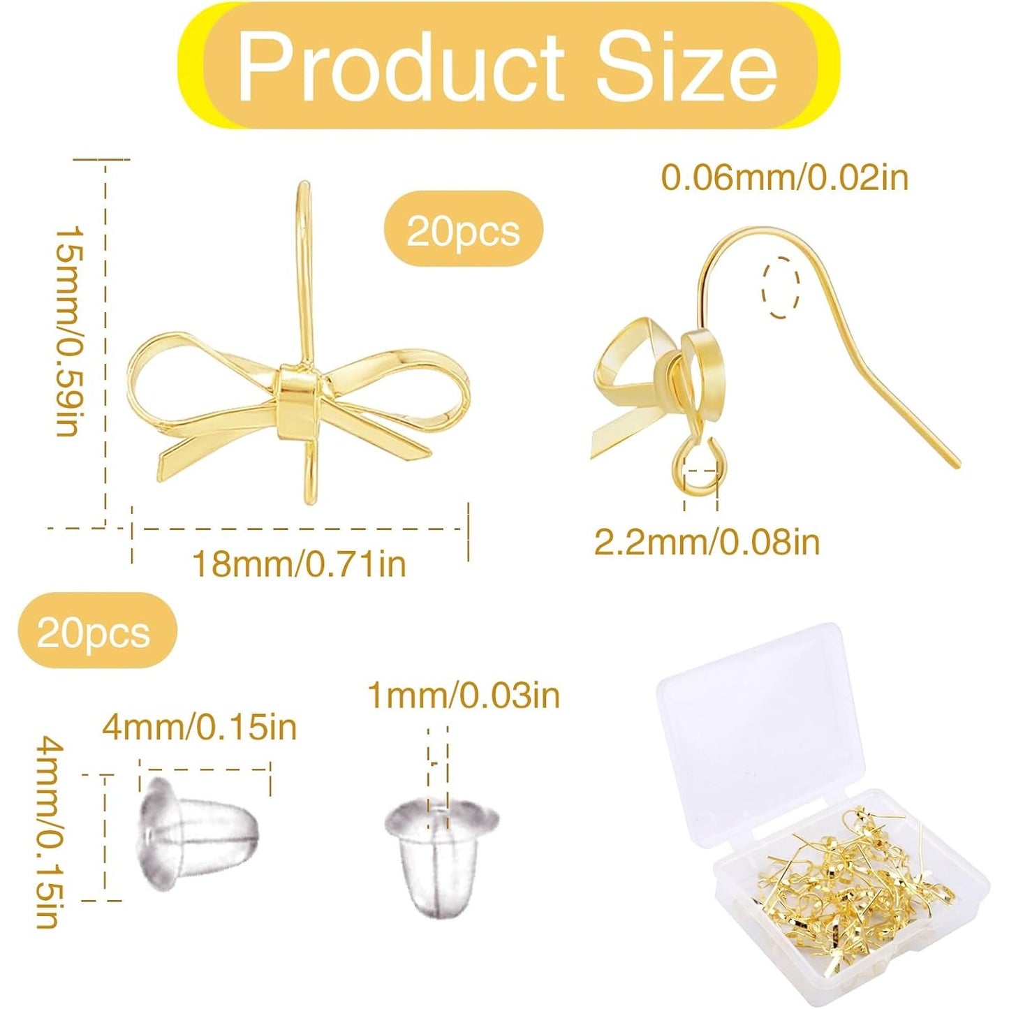 1 Box of 20pcs Bowknot Earring Hooks with Hole 14K Golden Plated Alloy Bow Dangle Earrings Findings and 20pcs Clear Earring Safety Backs for Women DIY Crafts Jewelry Making Supplies
