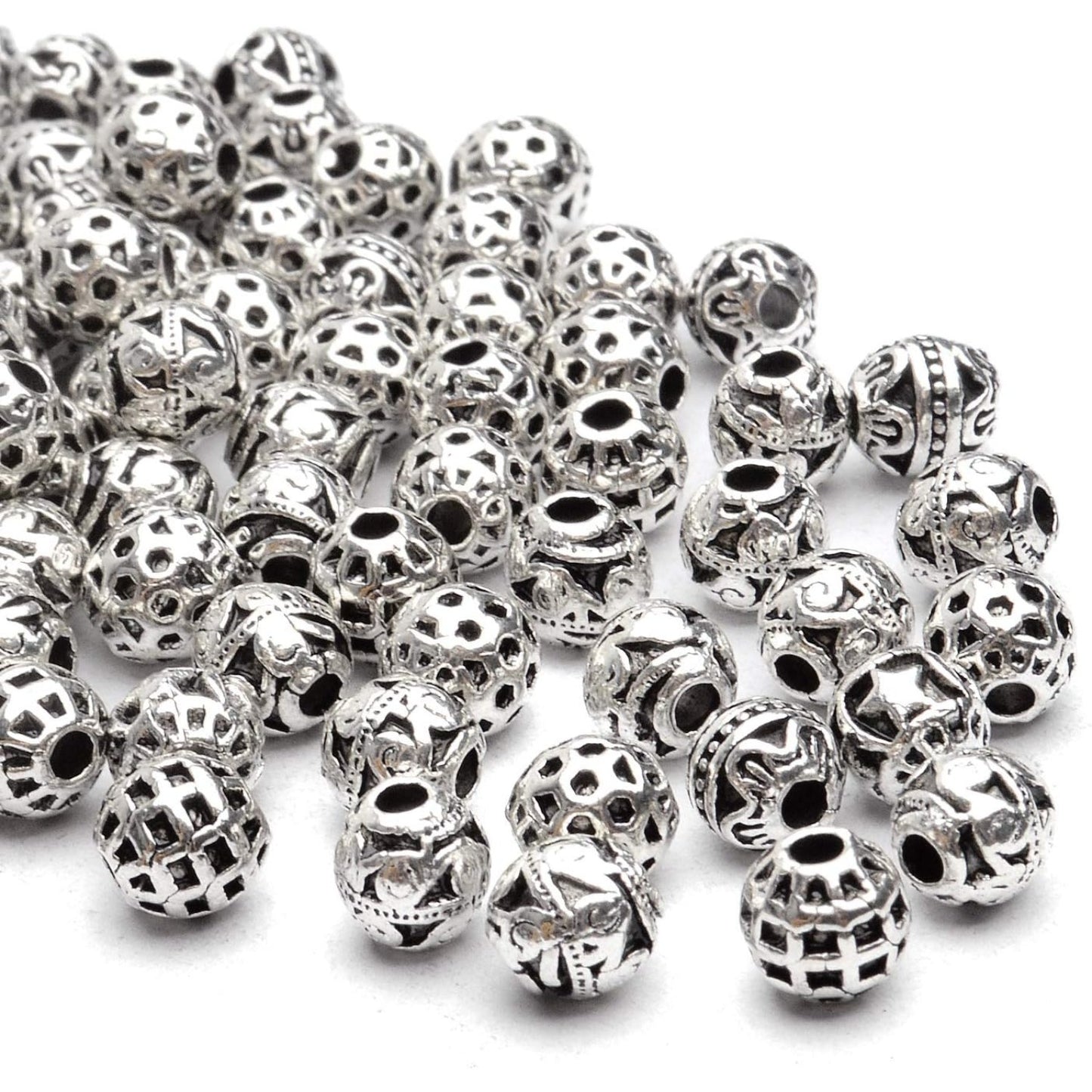 100pcs Tibetan Antique Silver Round Spacer Beads Hollow Spacer Charm Beads for Necklace Bracelet Crafts Jewelry Making,5 Styles