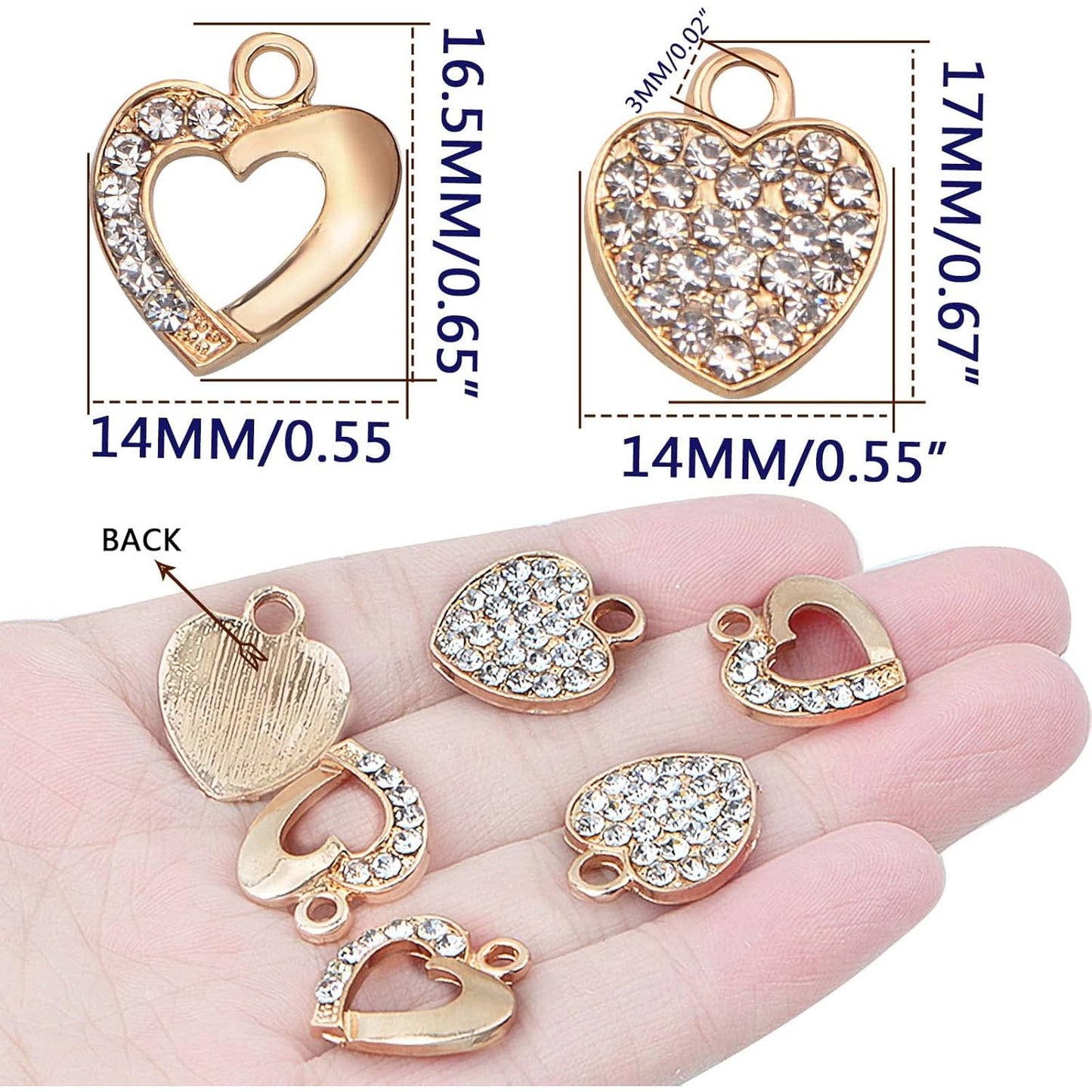20pcs KC Golden Heart Rhinestone Charms Valentine Love Heart Shaped with Diomond Dangle Pendants for DIY Bracelet Necklace Jewelry Making Christmas Birthday Gift, 2 Styles
