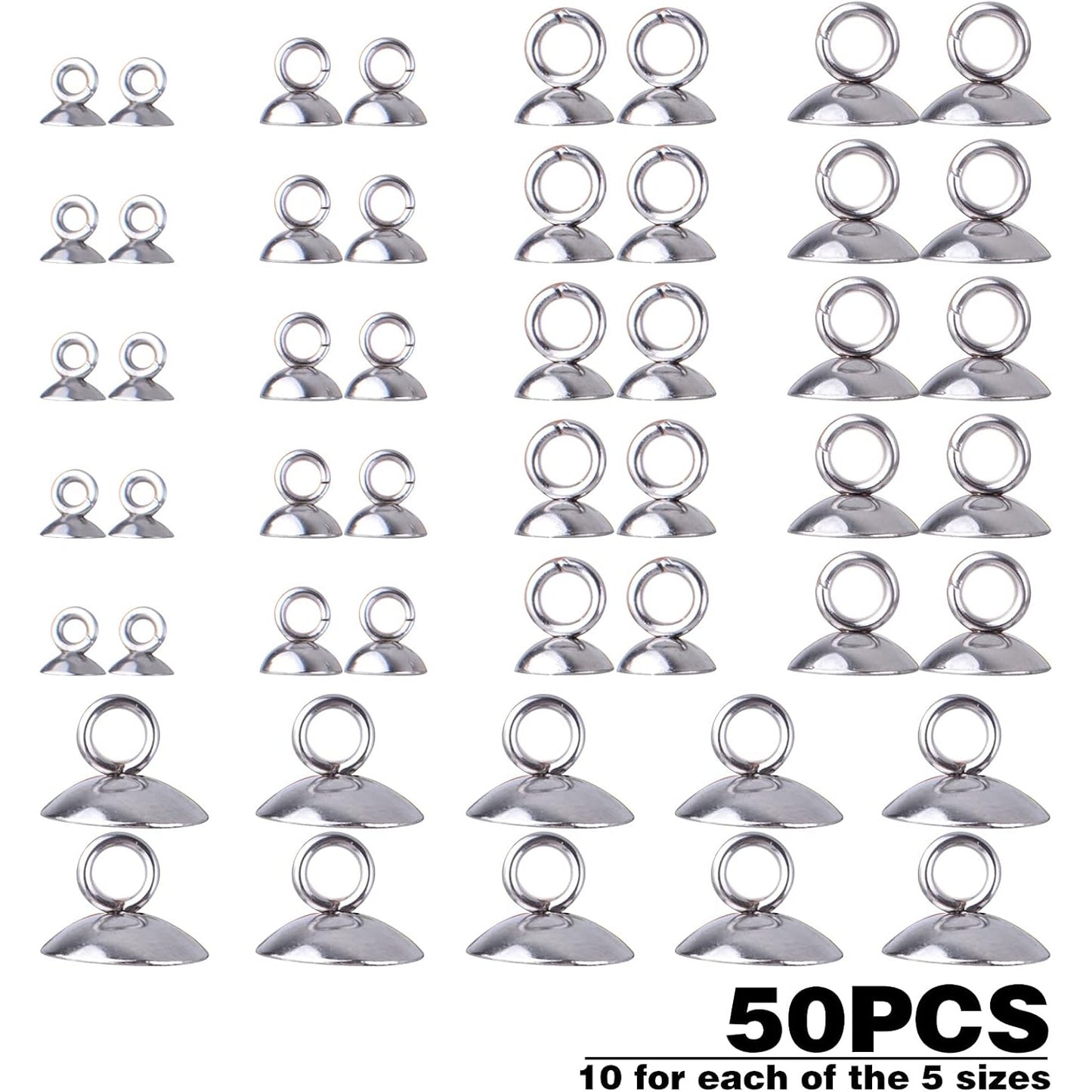 50pcs 5 Sizes Bead Cap Pendant Bails Stainless Steel Round Bails Caps Bead Caps with Loop Dangle Charm Bead Connectors for Jewelry Necklace Bracelet Making