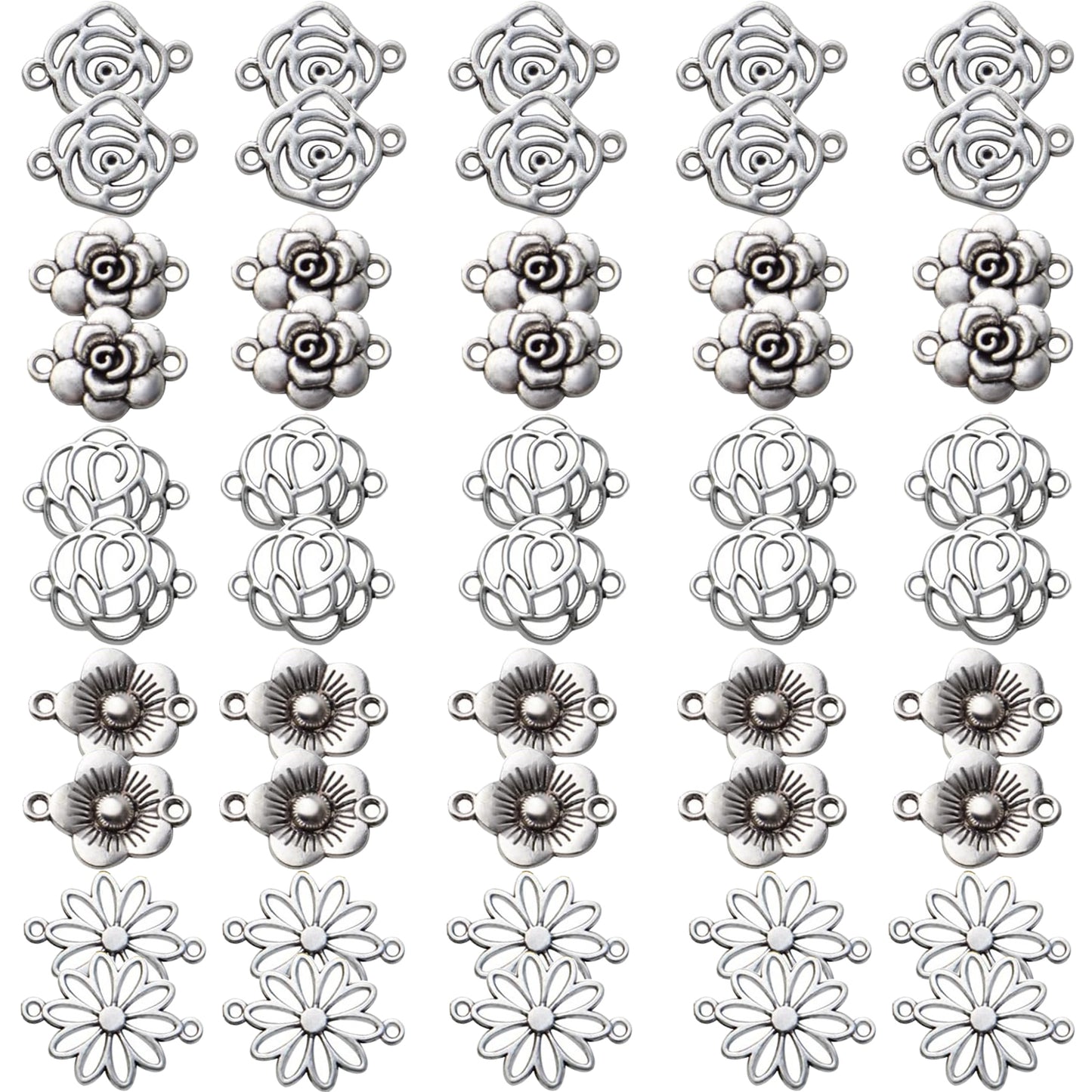 50pcs Flower Jewelry Connectors - Alloy Pendants, 5 Styles for DIY Necklace & Bracelet Making
