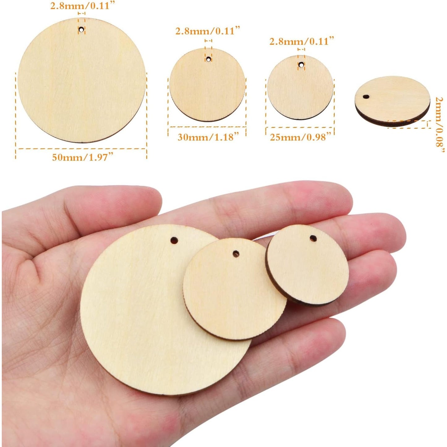 100pcs Natural Wooden Circles Unfinished Round Disc Wood Slices Circle Wood Chips Pieces with Holes for DIY Art Crafts Projects Jewelry Making Decoration, 3 Sizes