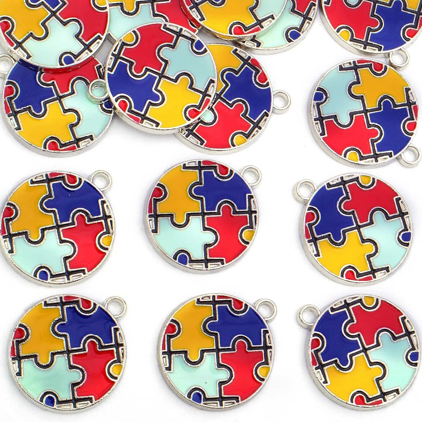 20pcs Autism Charms Pendants Ribbon Heart Round Square Cross with Puzzle Shape Charms Enamel Colorful Enamel Autistic Awareness Pendants for DIY Necklace Bracelet Earrings Jewelry Making Supplies