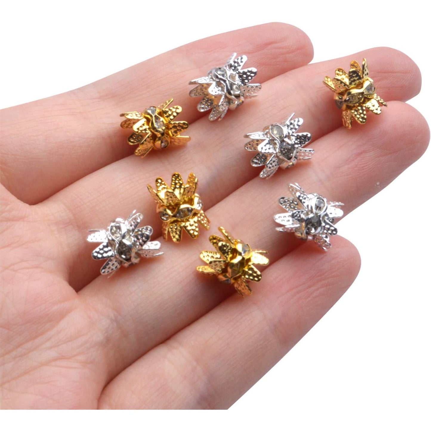 60PCS Double Flower Beads Caps with Rhinestone Petal Brass Bead Spacer Flower Caps Jewelry Making Accessories for Bracelet Necklace Earring