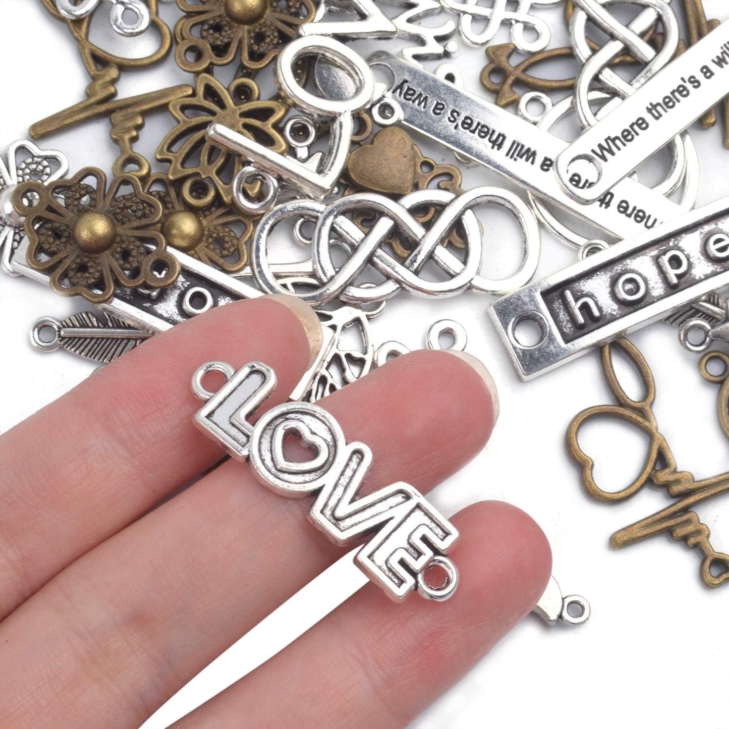Craft Supplies Charms, 100g (about 78pcs) Mixed Words Message Star Moon Feather Charms Pendants Infinity Symbol Lozenge Flower Connectors Links Jewelry Making Accessories for Crafting