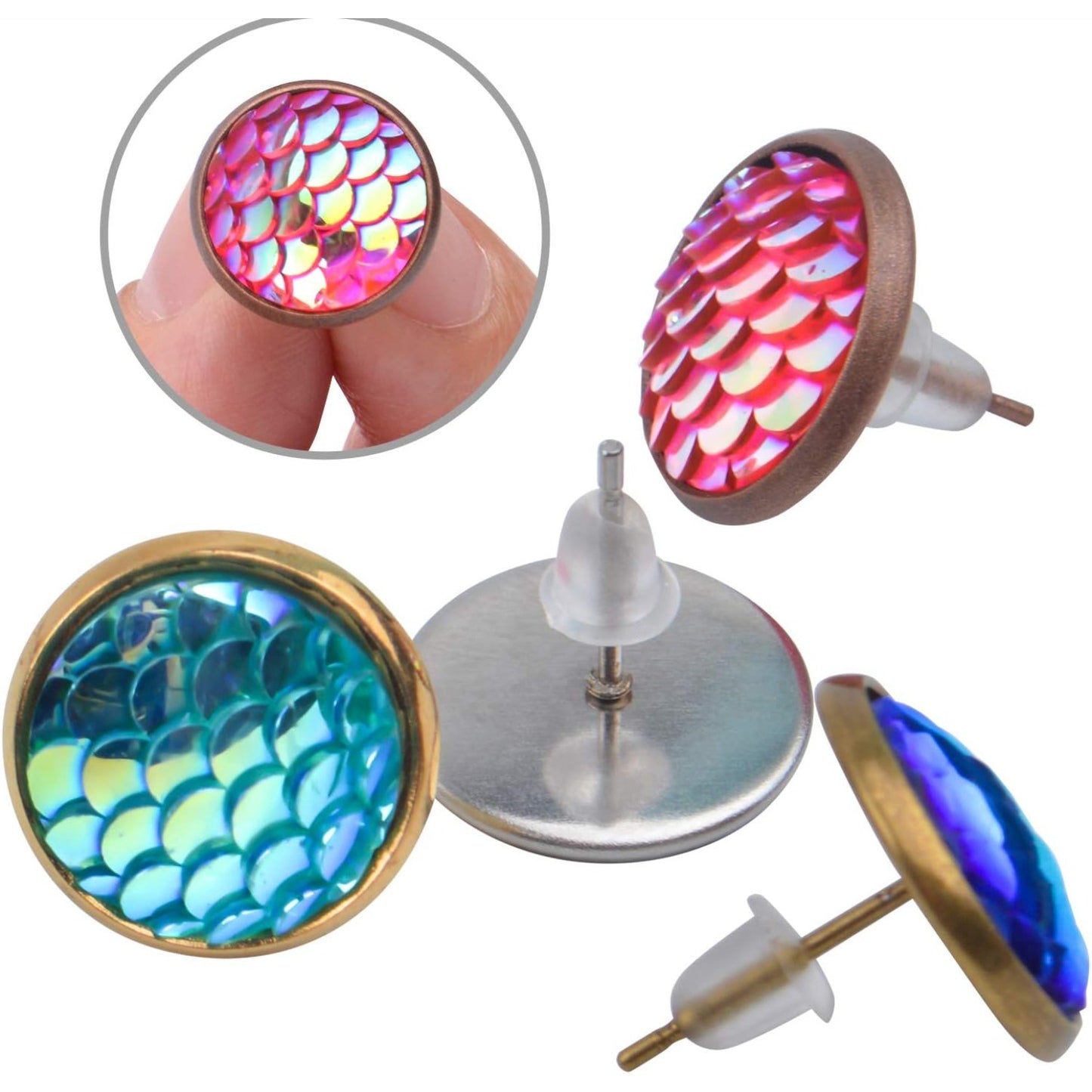 Cabochon Earring Setting, 24 Pieces Stainless Steel Bezel Stud Blanks and and 100 Pieces Fish Scale Glass Cabochons 24 Pieces Bullet Earring Backs for Earring Making