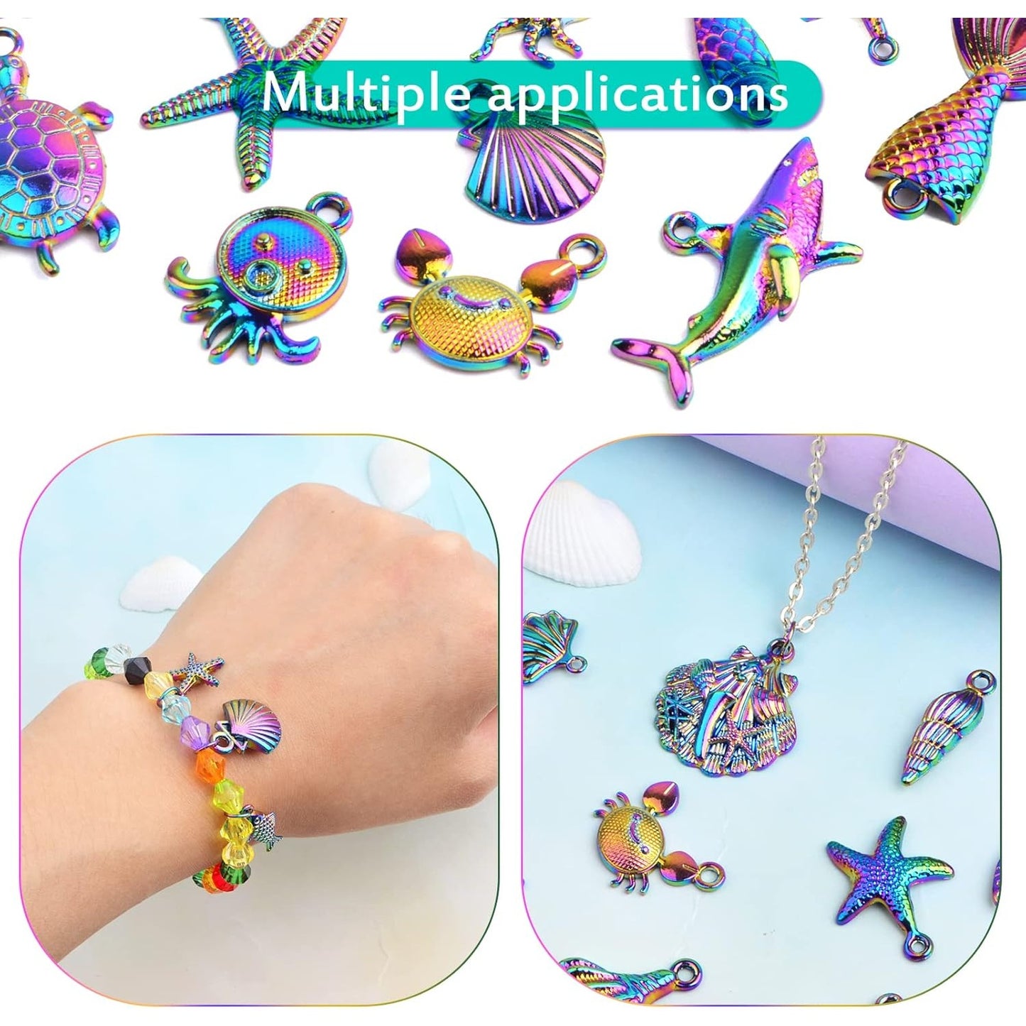 20pcs Stainless Steel Mixed Ocean Beach Charms Sea Creatures Starfish Seashell Octopus Pendants and 20pcs Open Jump Rings for DIY Bracelet Necklace Jewelry Making, Rainbow Color