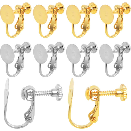 20pcs Stainless Steel Screw Clip-on Earring Converters Components Hypoallergenic Flat Round Earring Bezel Tray Clips for Non-Pierced Ears DIY Earrings Making, 2 Colors
