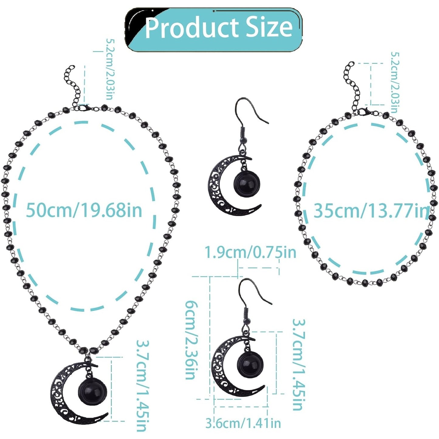 Gothic Y2K Layered Crescent Moon Necklace Black Beaded Pendant Choker Chain Moon Drop Dangle Earrings Goth Jewelry Sets for Women Ladies Halloween Party Costume Accessories