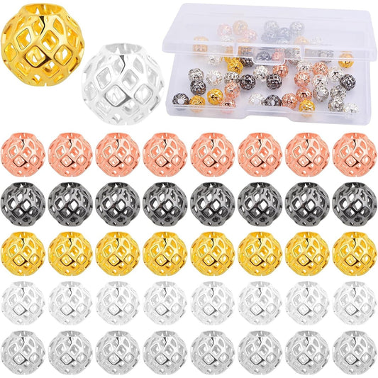 50pcs 8 mm Round Hollow Spacer Beads Brass Filigree Hollow Out Large Hole Loose Ball Beads with a Box for DIY Bracelet Necklace Earrings Jewelry Making, 5 Colors, Hole: 4 mm