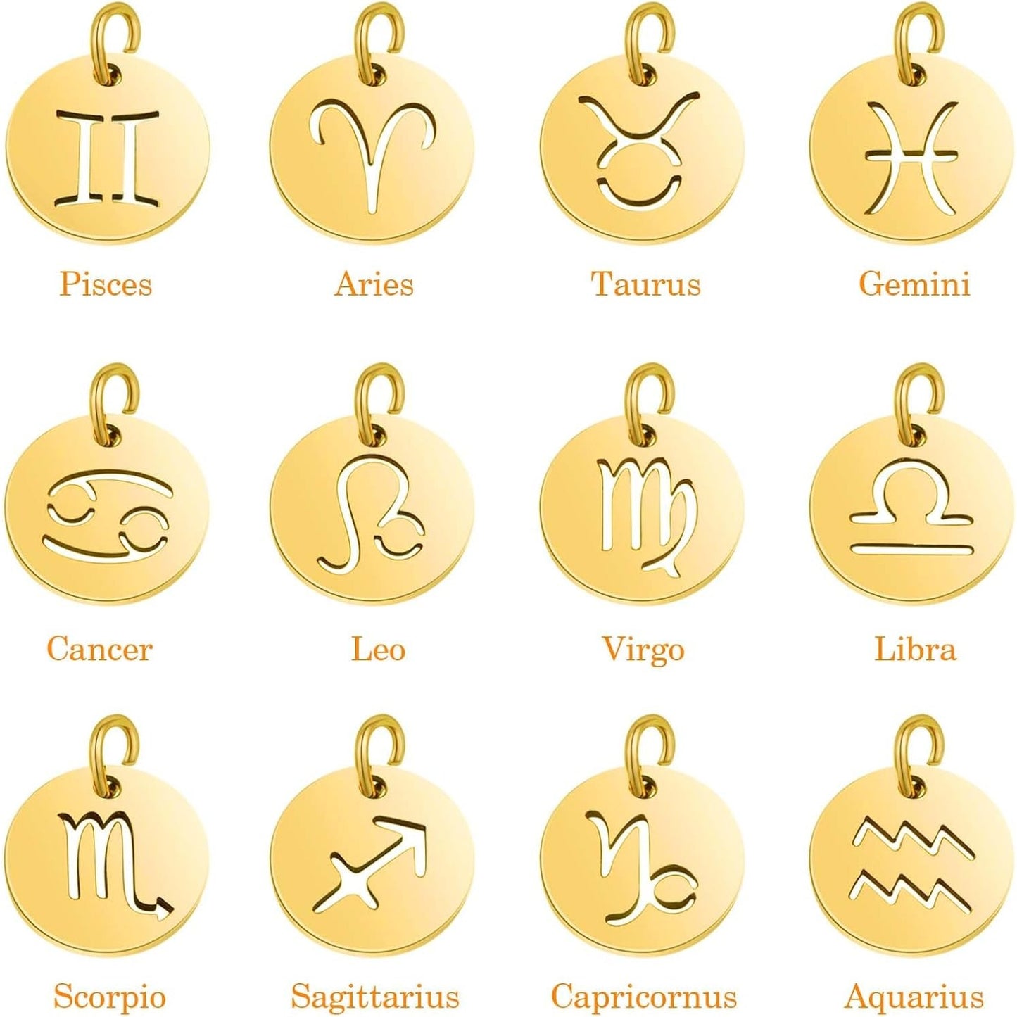 12pcs Golden Plated Flat Round Twelve Constellations Charms Stainless Steel Zodiac Sign Pendants with Jump Rings for DIY Necklace Bracelet Jewelry Making Supplies