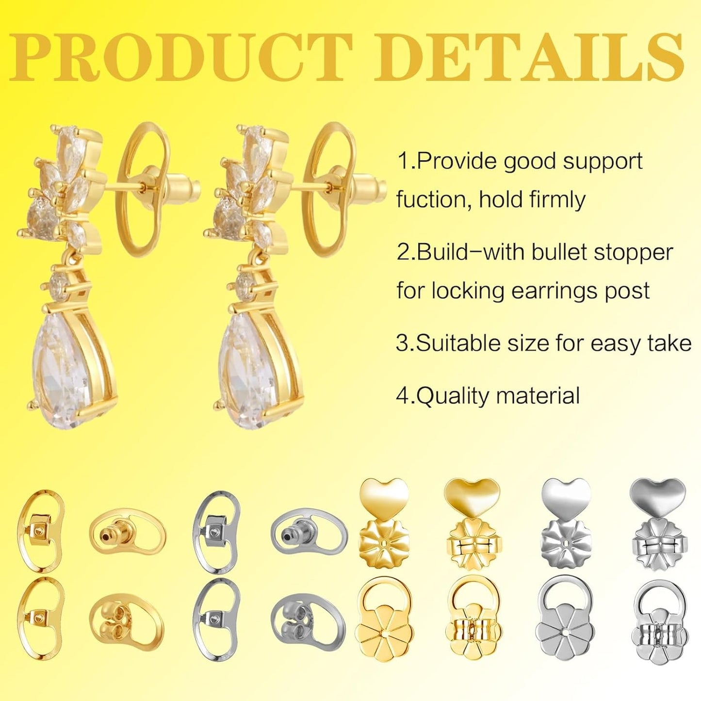 16pcs Earring Backs for Droopy Ears, Adjustable Heavy Earrings Lifters Backs Brass Secure Ear Support Backings Stoppers Repacements for Studs Droopy Earlobe Hoops, 4 Styles