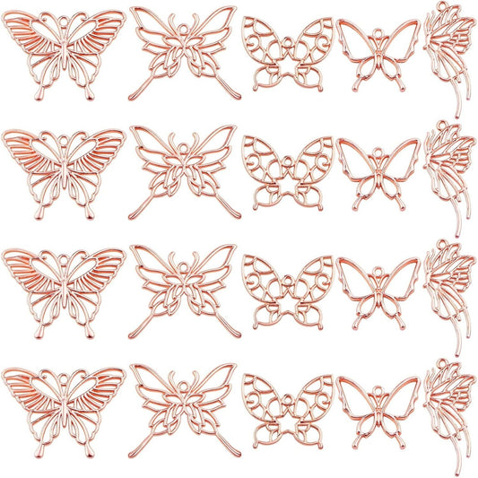 20pcs Rose Golden Butterfly Shape Open Back Bezel Pendants Alloy Hollow Butterfly Wings Frame Resin Mould Charms for DIY Necklace Earrings Jewelry Making Findings, 5 Styles