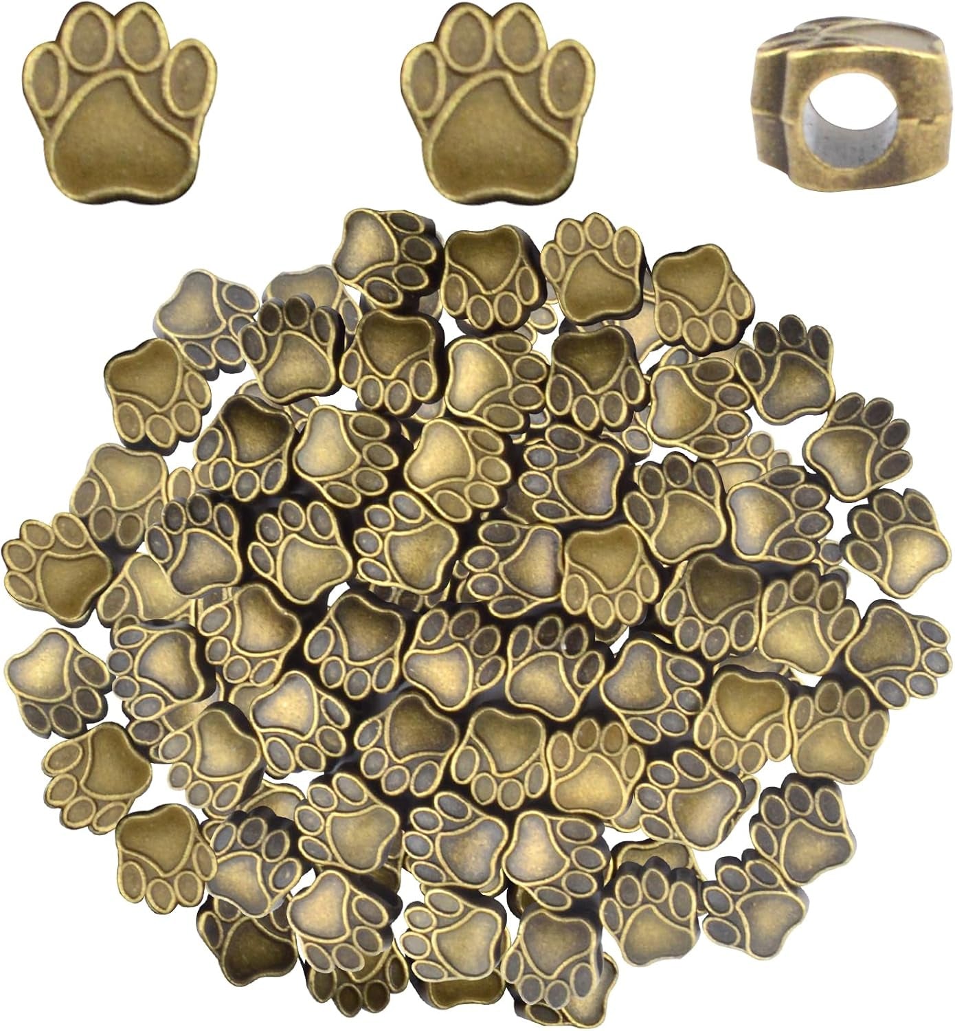50pcs Antique Silver Animal Paw Print Spacer Beads Vintage Alloy Dog Bear Footprint European Large Hole Beads Accessories for DIY Bracelet Earrings Crafts Jewelry Making, Hole: 4.8 mm