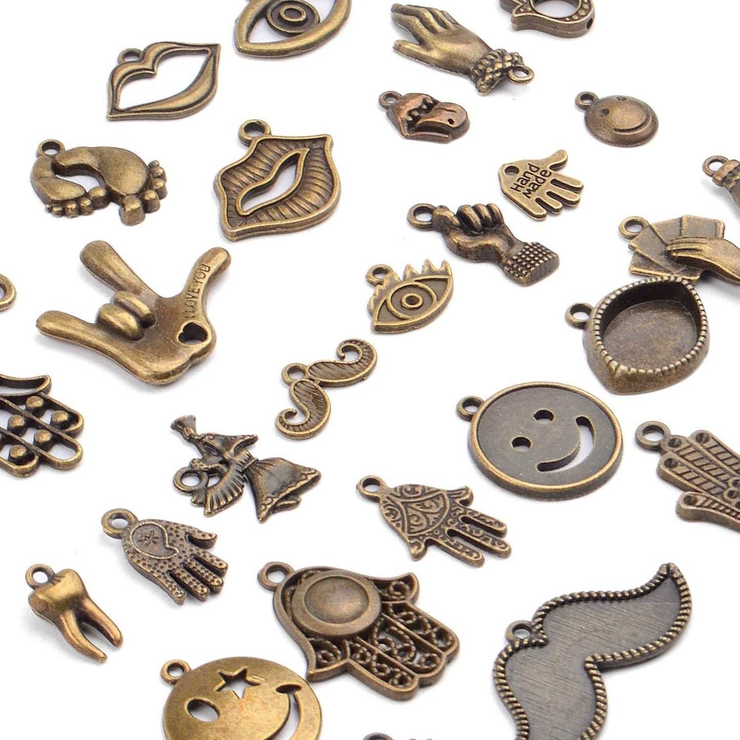 Human Body Parts Charms Collection, 100g(About 50-70 Pieces) Vintage Hand Eye Footprint Moustache Tooth Lip Smile Face Pendants for DIY Jewelry Hand Made Craft, Antique Bronze