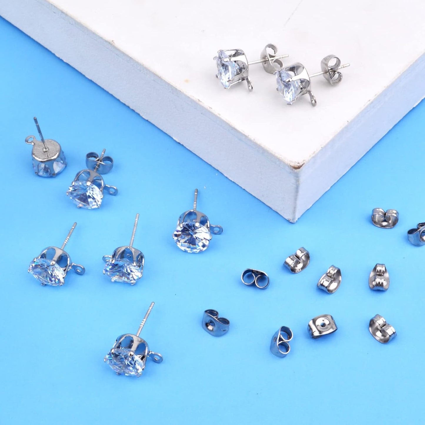 60pcs Silver Rhinestone Earrings Posts Hypoallergenic Crystal Earring Studs with Loop Hole and 60pcs Earring Backs Stoppers for DIY Jewelry Making Wedding Favor Gifts