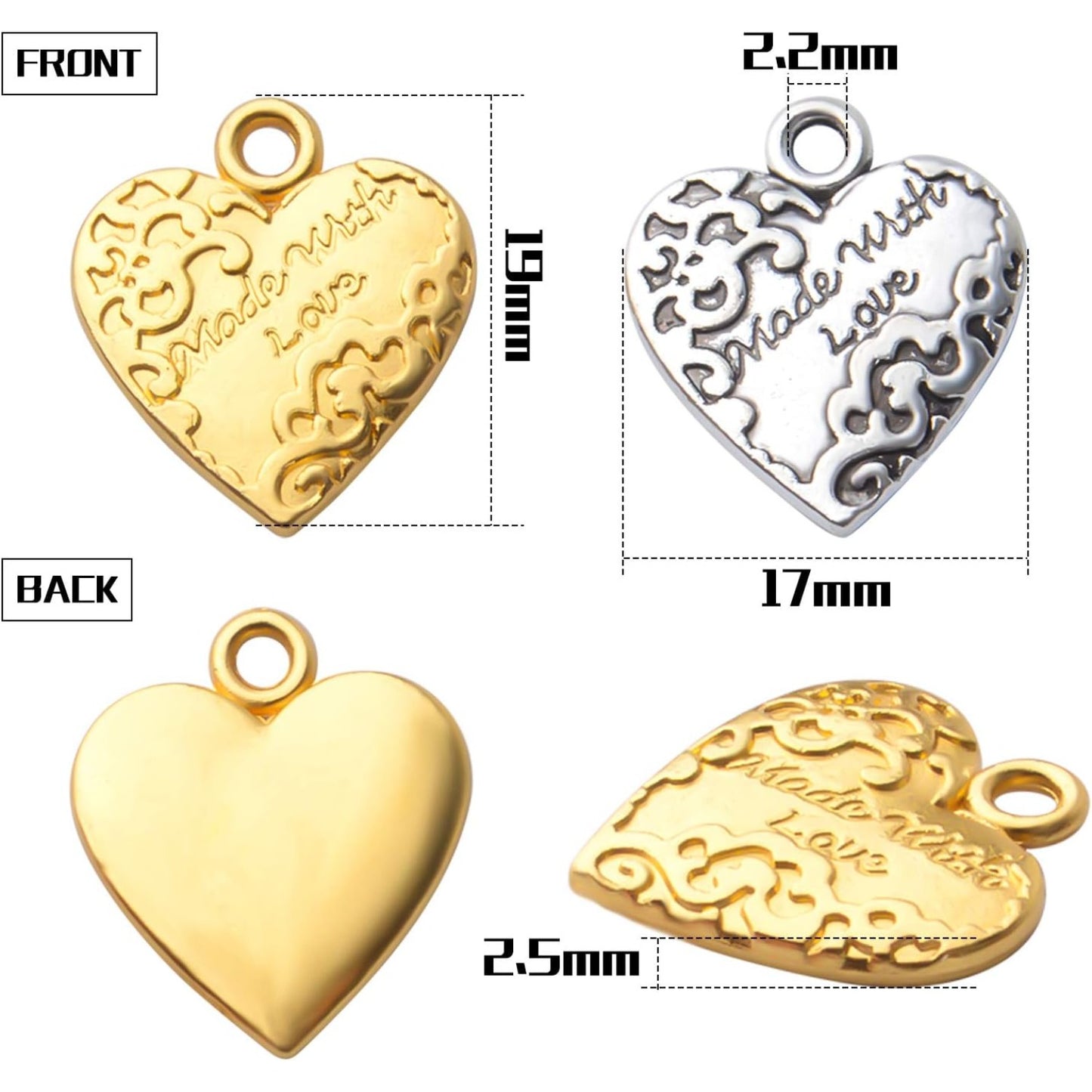 50pcs Heart Shape Made with Love Words Charms,19mm×17mm Alloy Heart Beads Charm Pendant for DIY Jewelry Making Necklace Bracelets Accessories,2 Colors