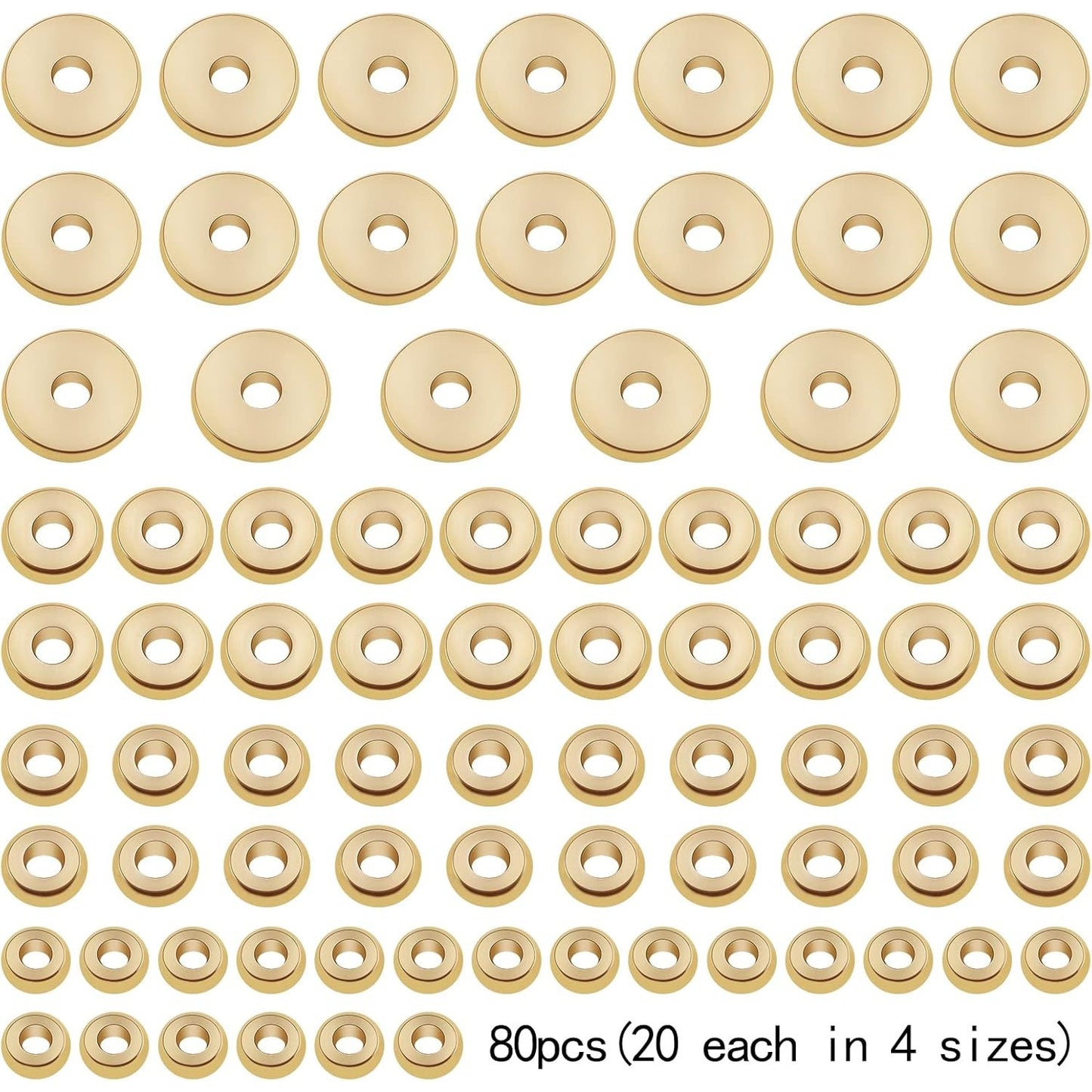 80pcs Brass Flat Round Spacer Beads Hypoallergenic Tiny Disc Loose Charm Beads Accessories for DIY Bracelet Necklace Jewelry Making Supplies, 4mm/5mm/6mm/8mm