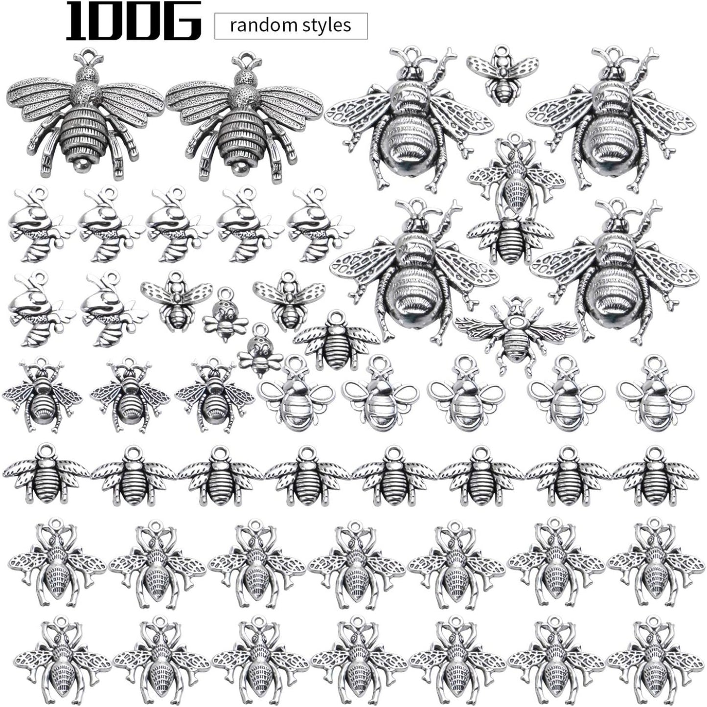 100g (30-60pcs) Antique Silver Mixed Honey Bee Charm Pendants Alloy Bee Pendant Flying Insect Charms Craft Supplies for DIY Necklace Bracelet Jewelry Making