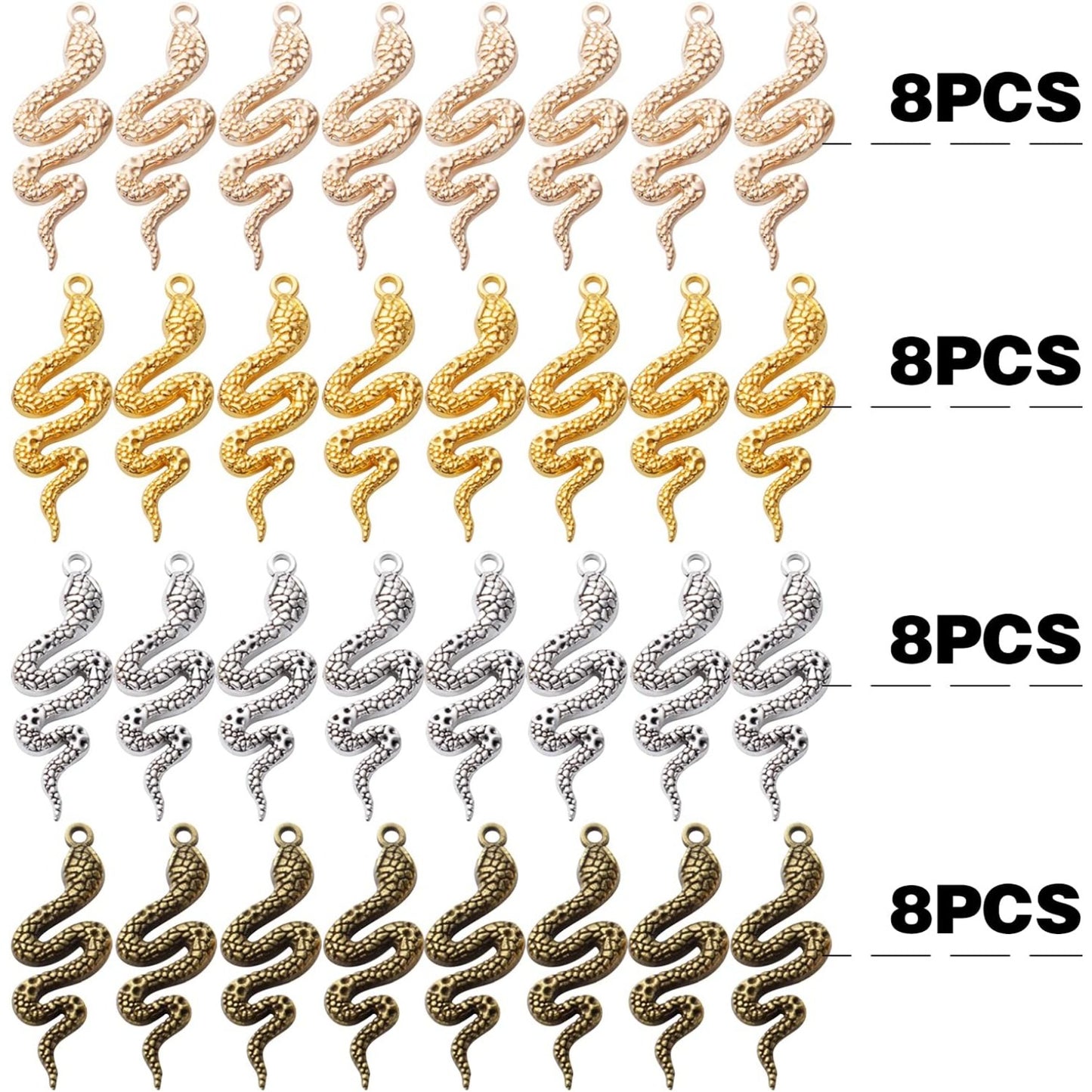 32pcs Snake Charms - Alloy Cobra Pendant for Bracelets Necklaces DIY Jewelry Craft Making Supplies, 4 Colors