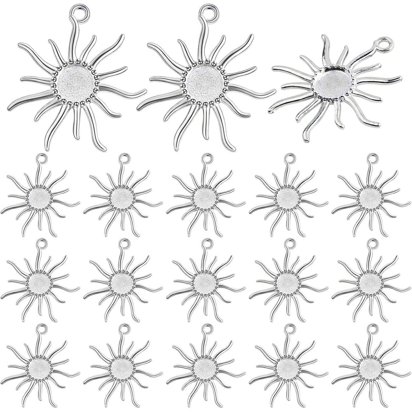 20pcs 12 mm Sun Blank Round Pendant Trays Tibetan Alloy Sun Flower Flat Round Cameo Base Bezel Tray Charms for DIY Necklace Earrings Jewelry Making Findings, Bright Silver