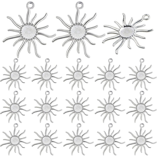 20pcs 12 mm Sun Blank Round Pendant Trays Tibetan Alloy Sun Flower Flat Round Cameo Base Bezel Tray Charms for DIY Necklace Earrings Jewelry Making Findings, Bright Silver